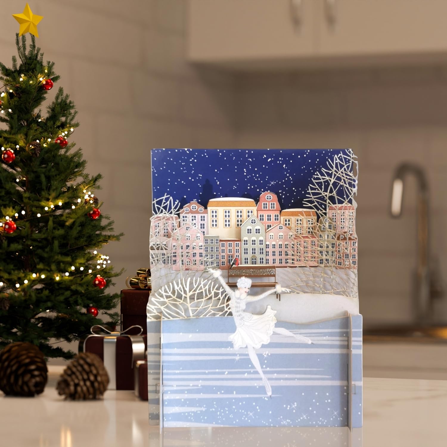 Alljoy 3D Lady Ice Skating Pop Up Christmas Greeting Card XPOP047, White and Gold, 15cm x 15cm or 6" x 6" - Image 2