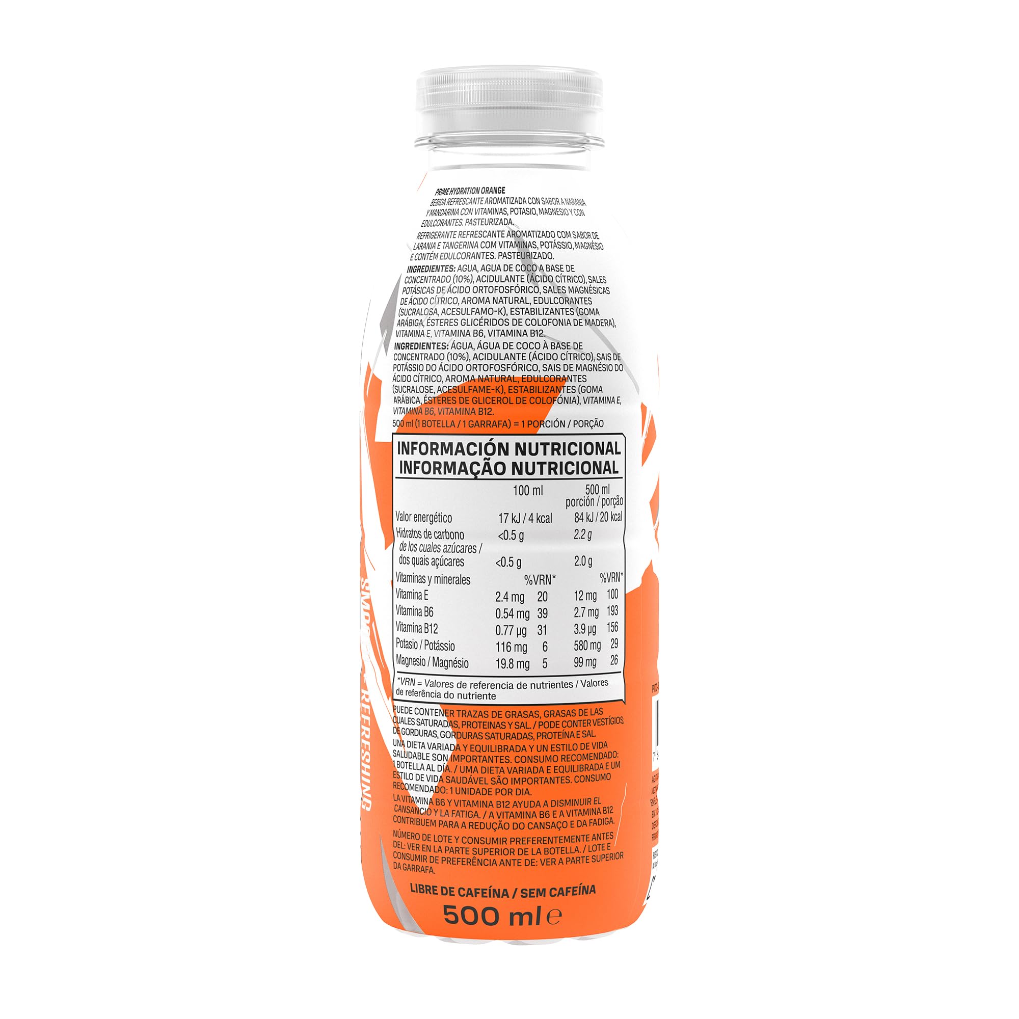 PRIME Hydration Ice Orange, bebidas deportivas, con electrolitos mejorados para una hidratación óptima, 250 mg de BCAA, vitamina B, antioxidantes, bajo contenido en azúcar, 16,9 fl oz, paquete de 12