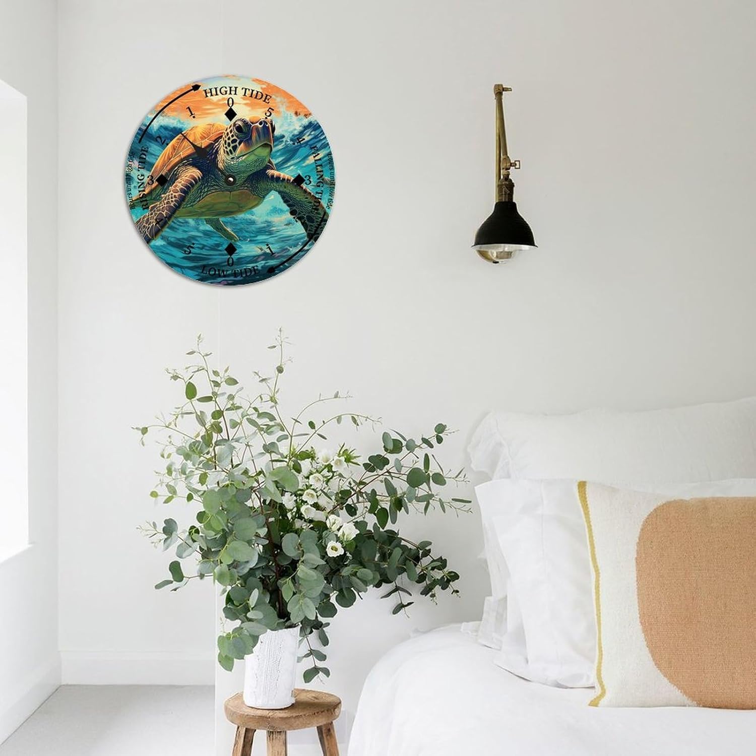 Sea Turtle Wood Tidal Clock Ocean Time Maritime Coastal Beach High Tide Low Tide Clock Rustic Wooden Nautical Tide Movement Vintage Decor for Beach House Kitchen Wall Art 12x12 in