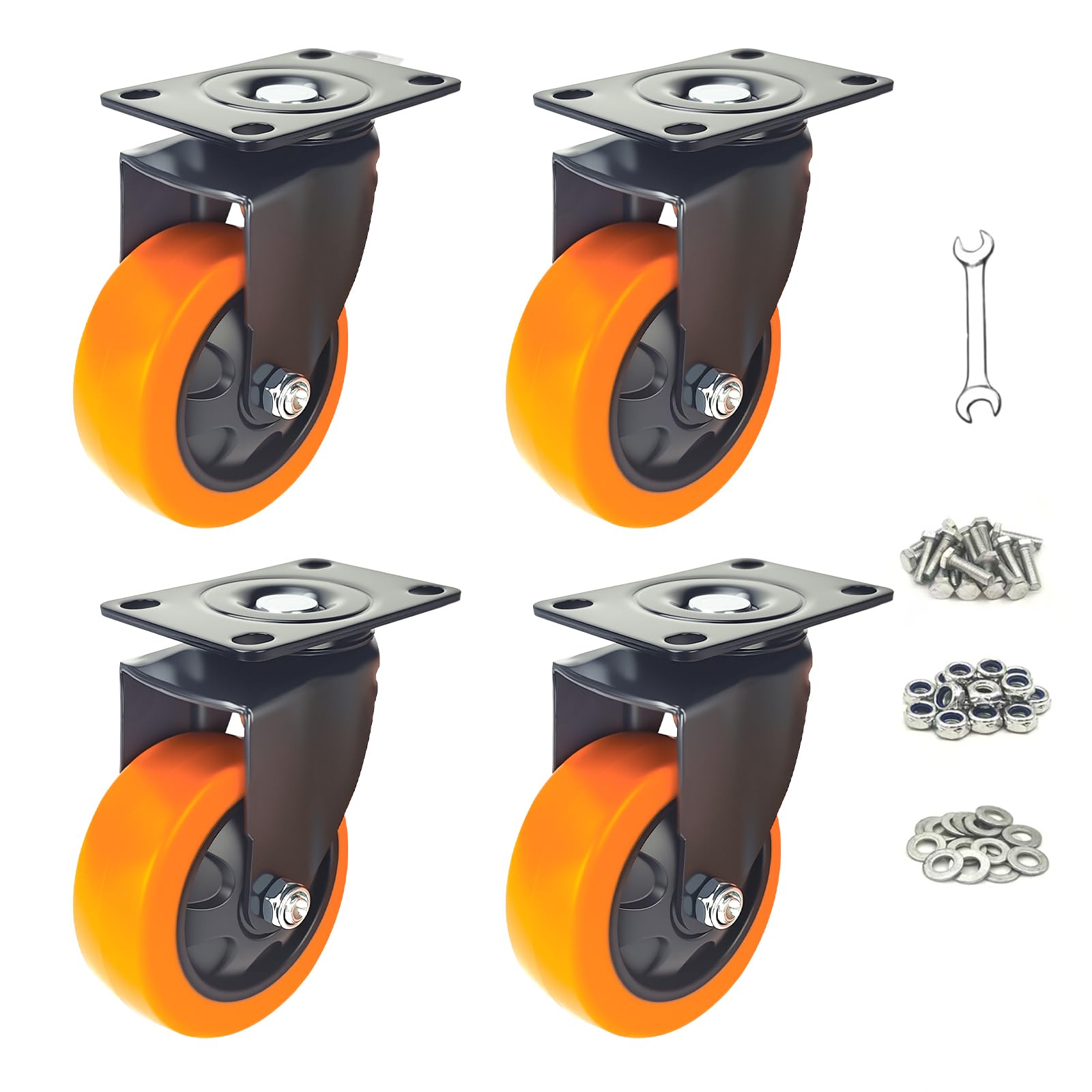 Nfbcxutkw Orange 4 X Swivel 3 Inch Caster Wheels, Heavy Duty Casters Set Of 4, Swivel Top Plate Industrial Casters For Furniture And Workbench, Orange Castors With Polyurethane Wheel