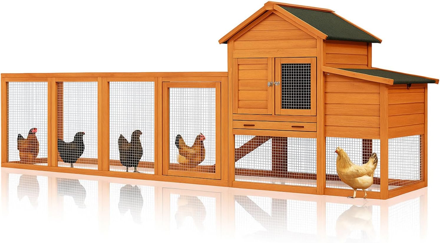 122" Large Chicken Coop Wooden Backyard Hen House - Indoor Outdoor Poultry Pet Hutch Garden Backyard Cage 2 Story Poultry Cage with Run, Chicken Nesting Box, Pull Out Trays and Anti-Slip Asphalt Ramp Natural