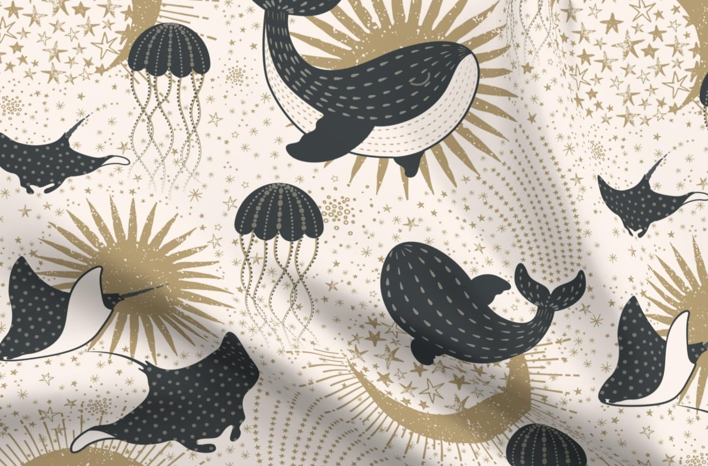 Spoonflower Fabric - Whimsical Whales Gold Koi Jellyfish Galaxy Magical Cosmic Oceanic Printed on Petal Cotton Fabric Fat Quarter - Sewing Quilting Apparel Crafts Decor