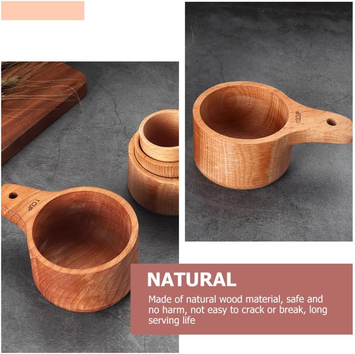 Garneck Wood Measuring Spoons and Scaled Cup Set, 4pcs Beechwood Baking Measuring Tools, Reusable Portable Kitchen Utensils for Coffee Beans and Home Bakery