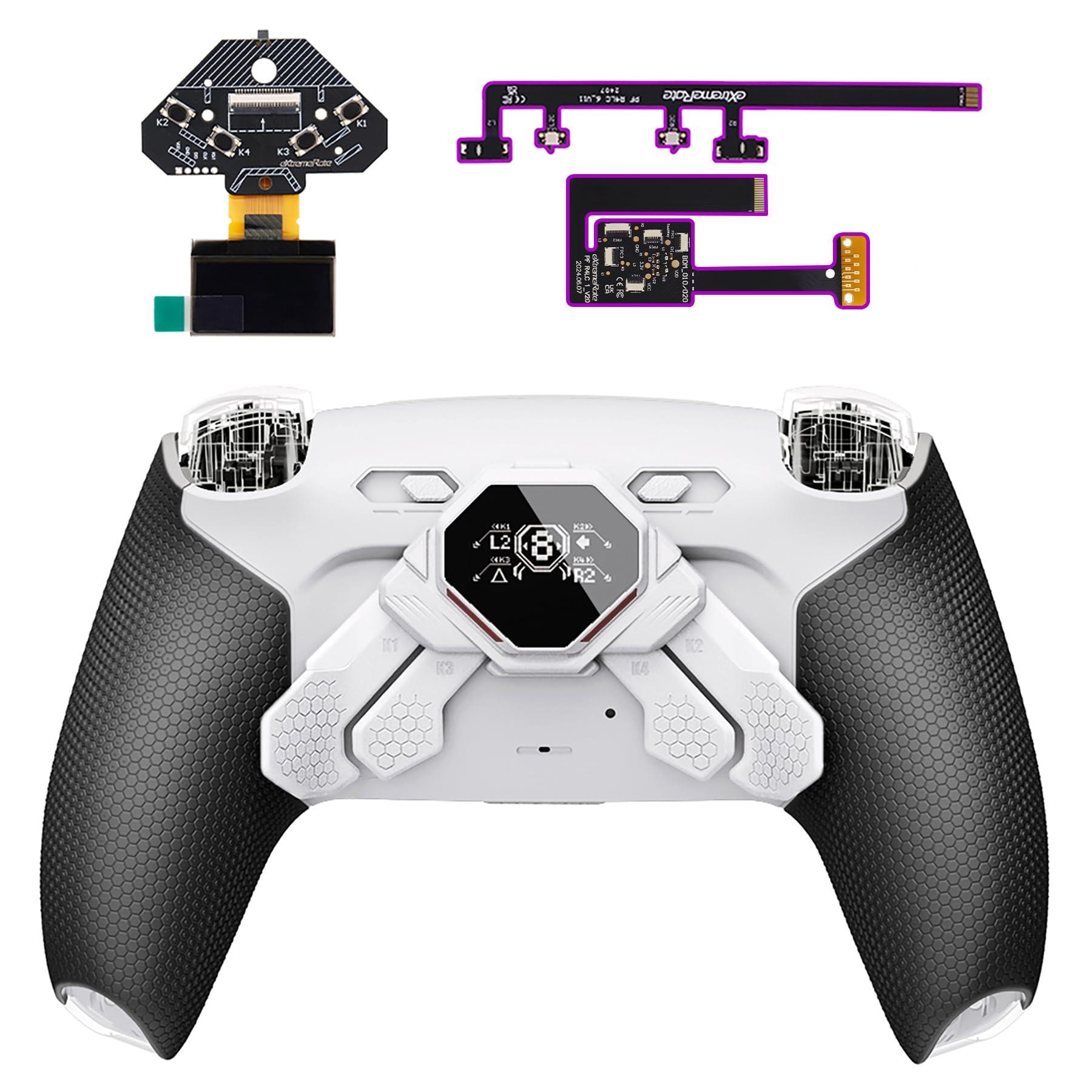 eXtremeRate SPARK Tasti Posteriori Kit per ps5 Controller BDM 010 020, Display OLED + Clicky Trigger Stop + Grip Ergonomici, 4 Palette Rimappabili Accessori per ps5 Joystick, Bianco