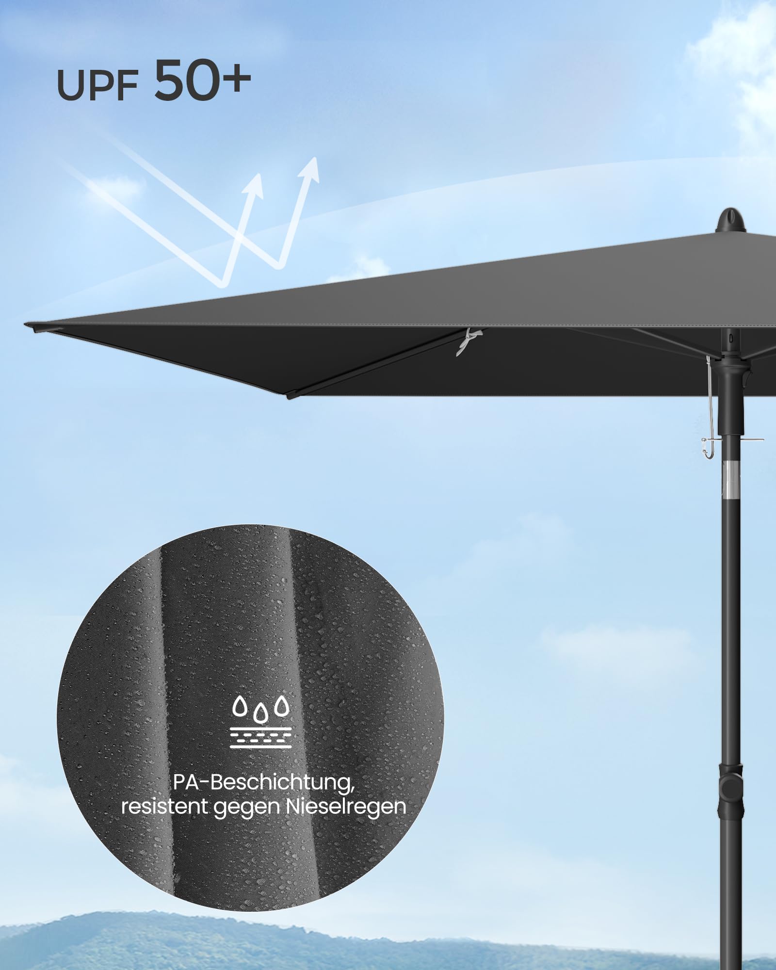 SONGMICS Sonnenschirm Balkon, 190 x 120 cm, Gartenschirm rechteckig, UPF 50+ Sonnenschutz, knickbar, Terrassenschirm, Outdoor Garten Terrasse Strand, Tragetasche, ohne Ständer, grau GPU024GZ01