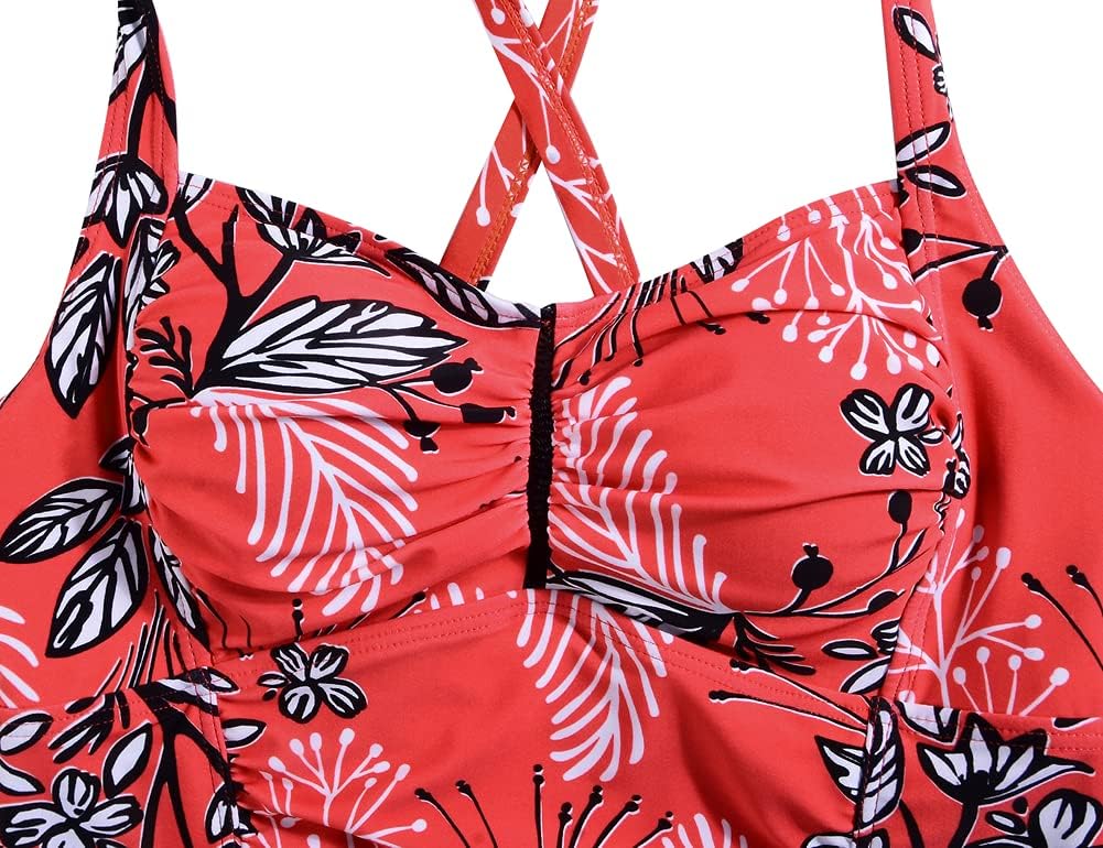 Hilor Women's Tankini Tops Shirred Tummy Control Swimsuits Cross Back Tankini Swimwear Tops - Image 4