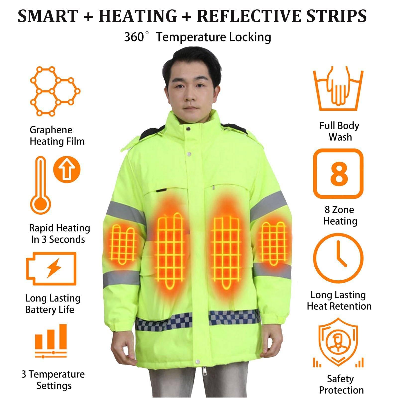 Beheizbare Herrenjacke, Wasserdicht Und Gut Sichtbar, Mit Reflektorstreifen Und Taschen, 8 Heizzonen | 3 Temperaturstufen, Beheizbare Winterbekleidung Orange-XL