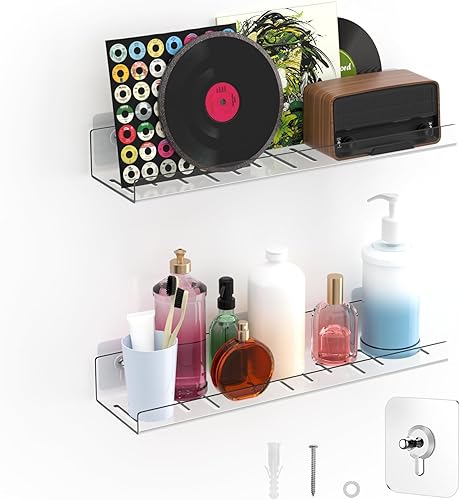 Miniatura 12 de Paquete de 4 estantes flotantes – Acrílico transparente/PET montado en la pared, sin taladro, almacenamiento con adhesivo, estantes invisibles