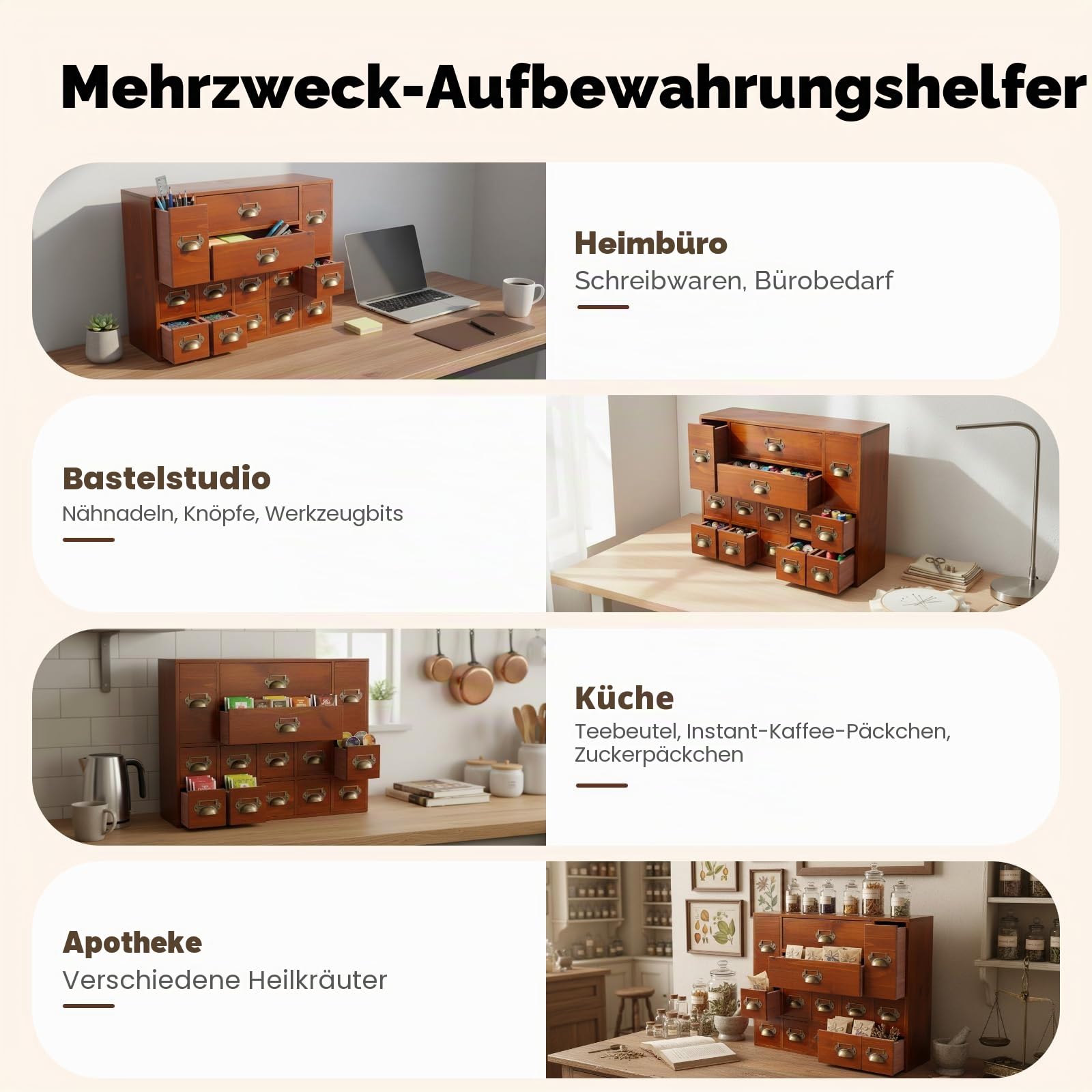 Holz Schreibtisch Organizer, Vintage Kommode mit 14 Schubladen Organizer, Jede Schublade ist belastbar 3kg, für Schlafzimmer, Küche, Büro