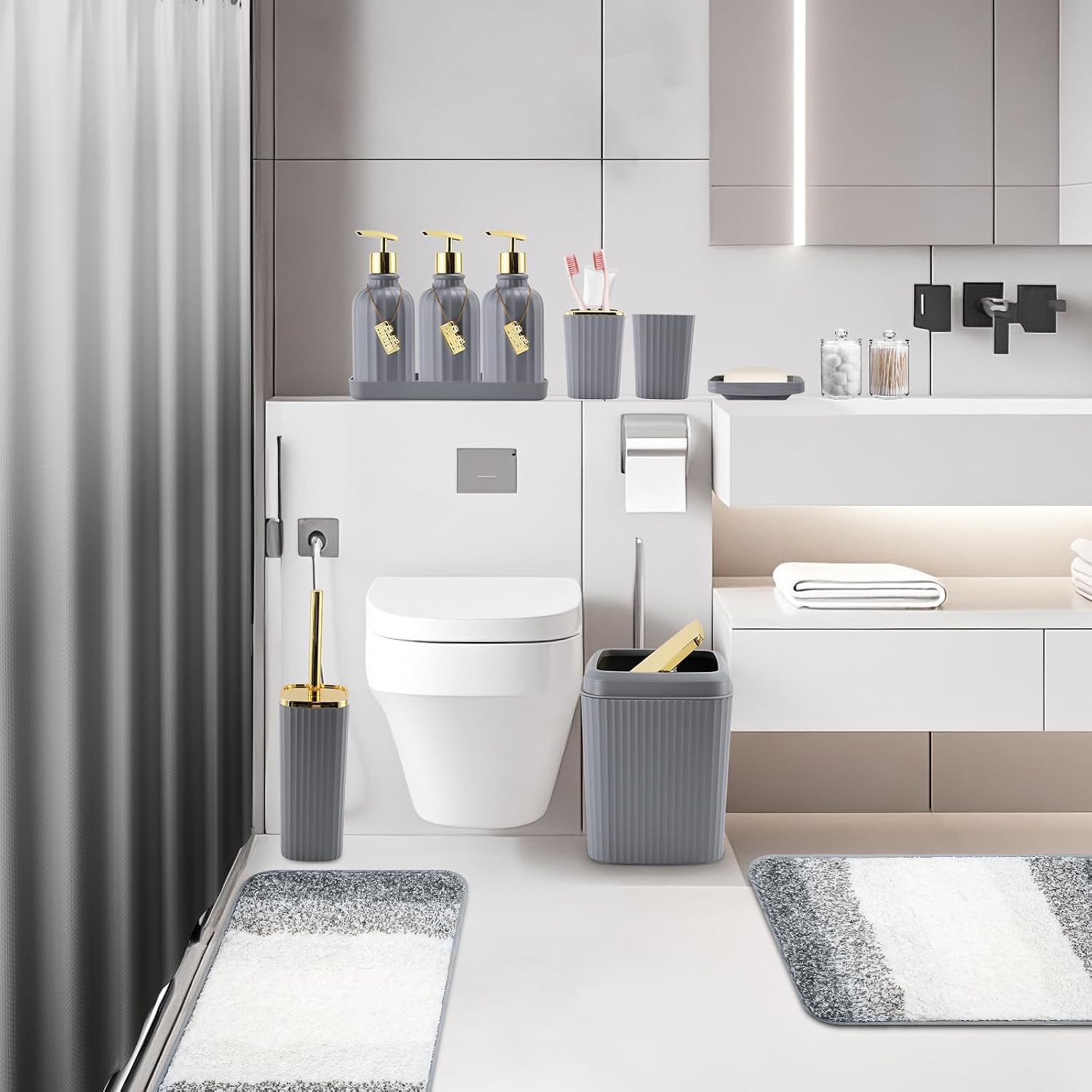 32PCS Bathroom Set Bathroom Sets with Shower Curtain and Rugs Grey Bathroom Accessories,Shower Curtain Set,Bathroom Rug Set with Bathroom Trash Can