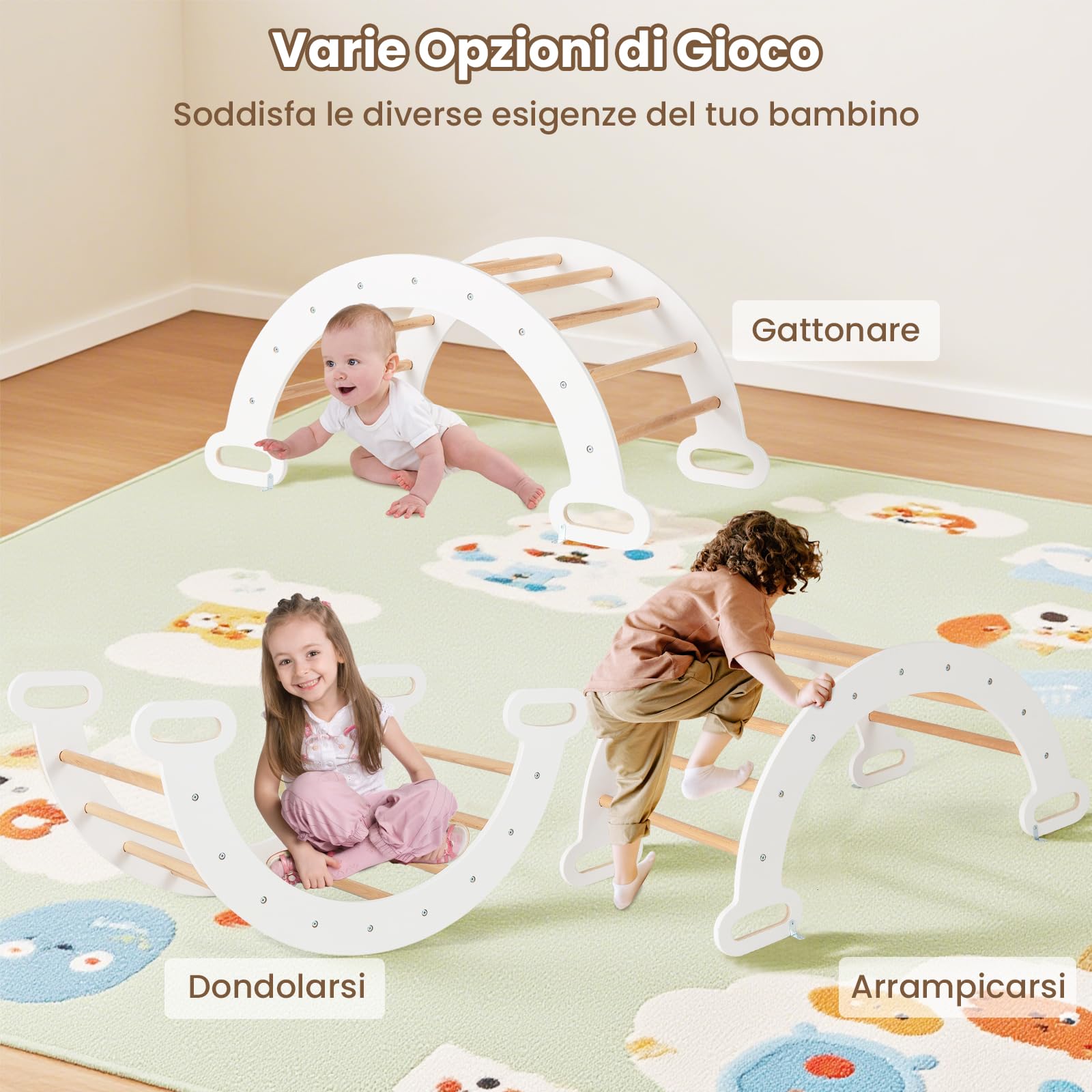 RELAX4LIFE 4 in 1 Triangolo da Arrampicata con Scivolo per Bambini, Arco da Arrampicata e Scala per Arrampicarsi in Legno, Montessori Giocattoli Bimbi 2 3 4 5 Anni