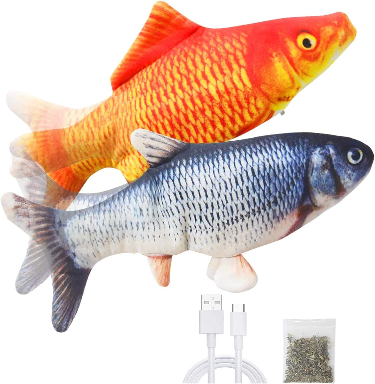 VARWANEO Cat Toy Flopping Fish Cat Toy with Realistic Tail Wagging, Interactive Plush with USB Rechargeable Battery, Chew, Claw and Bite Safe Pillow for Kittens, Plush Cotton Doll (2 Packs (A+E))