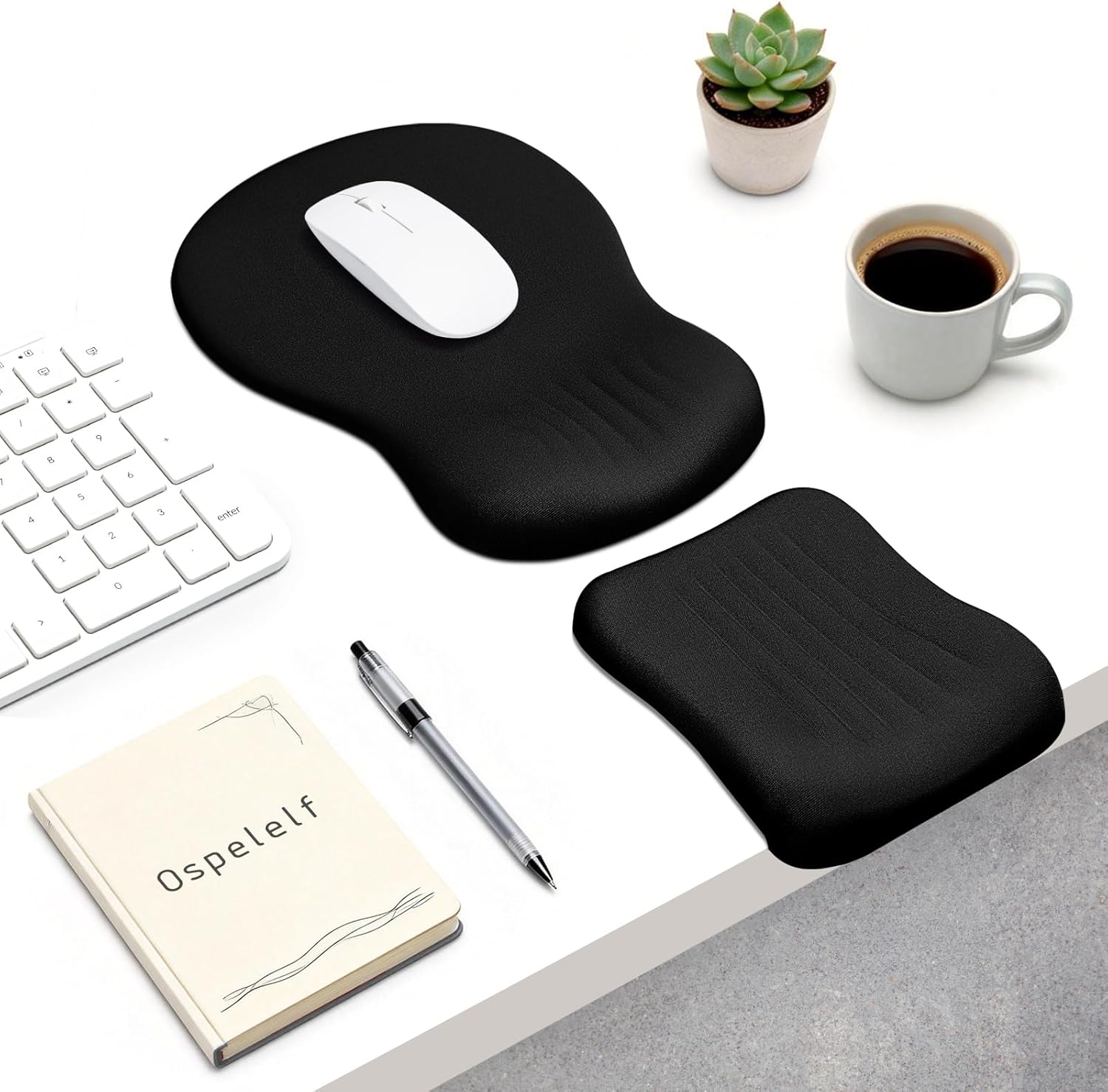 Ospelelf Mouse Pad with Wrist Rest Set Foam L-Shaped Desk Elbow Pad Ergonomic Desk Edge Cushion Anti-Slip Rubber Bottom Office Women Desk Accessories for Computer, Laptop and Gaming, Black