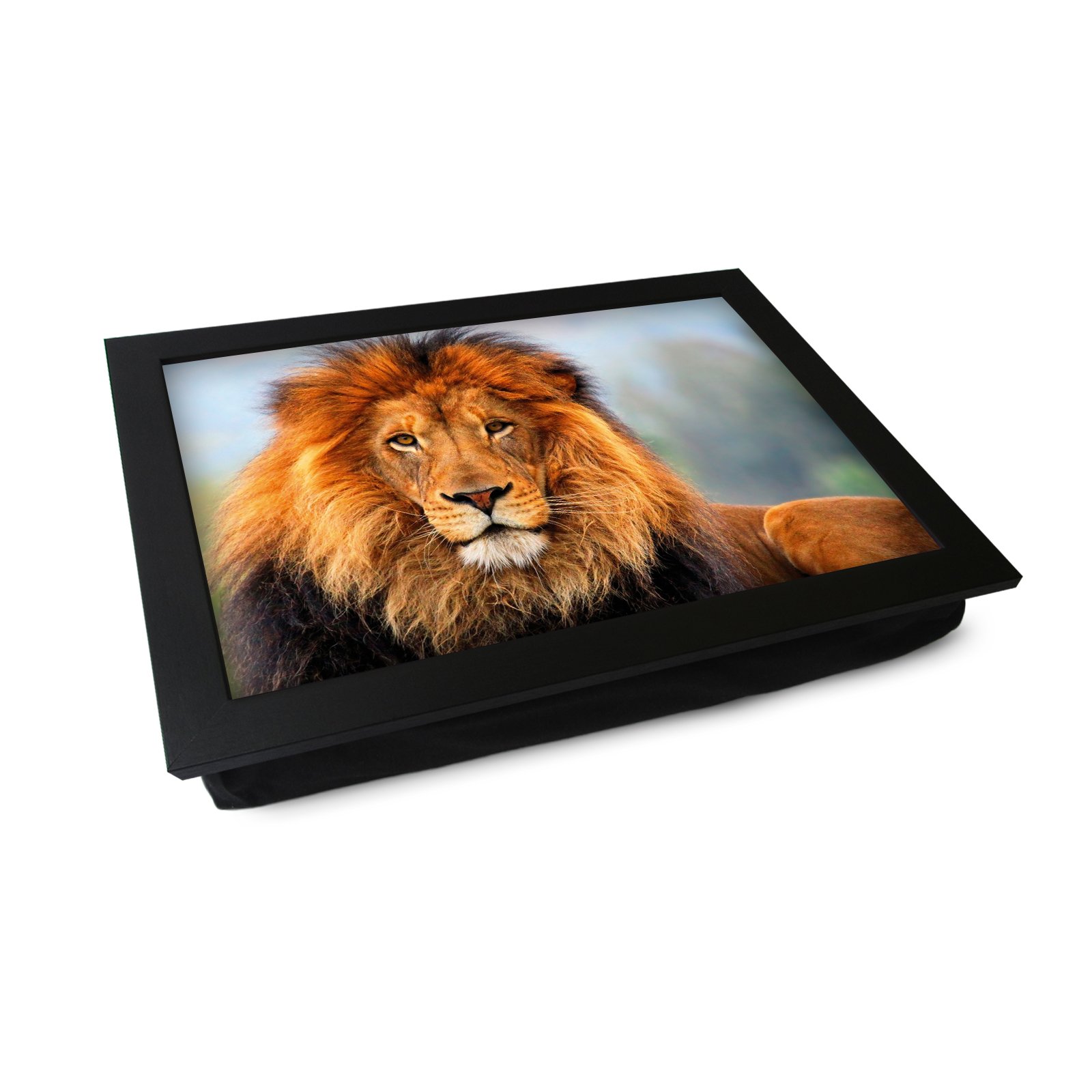 Extra Large Portable Lap Desk Tray (Majestic Lion) Wide Multi Purpose | Handmade Large Wooden Frame, Big Beanbag Cushion Bottom | Computers, Laptops, Meals, Food | 49.8cm | XL51 Black