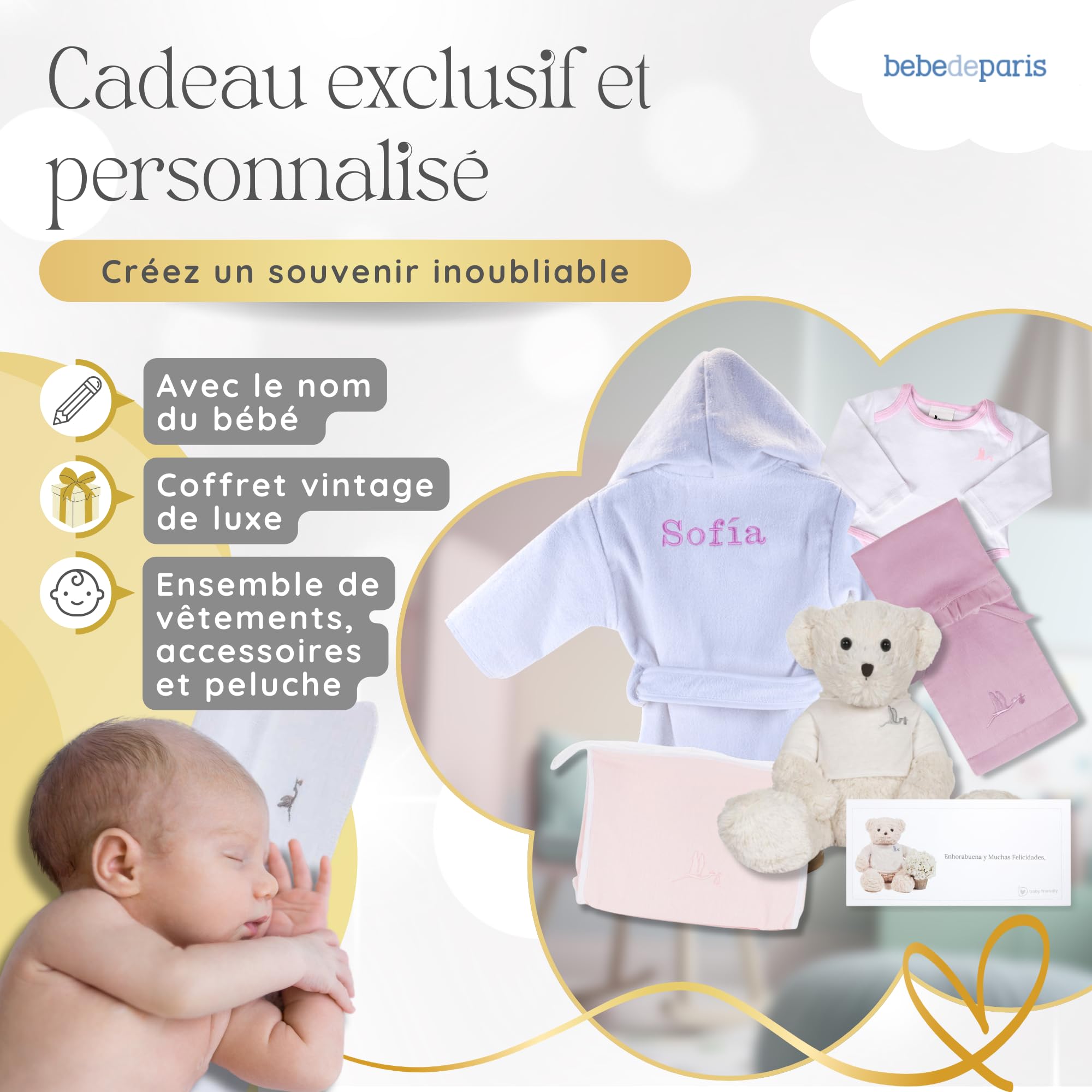 Canastilla Peignoir brodé nouveau-né 6-18 mois Body Trousse toilette mousseline ours peluche