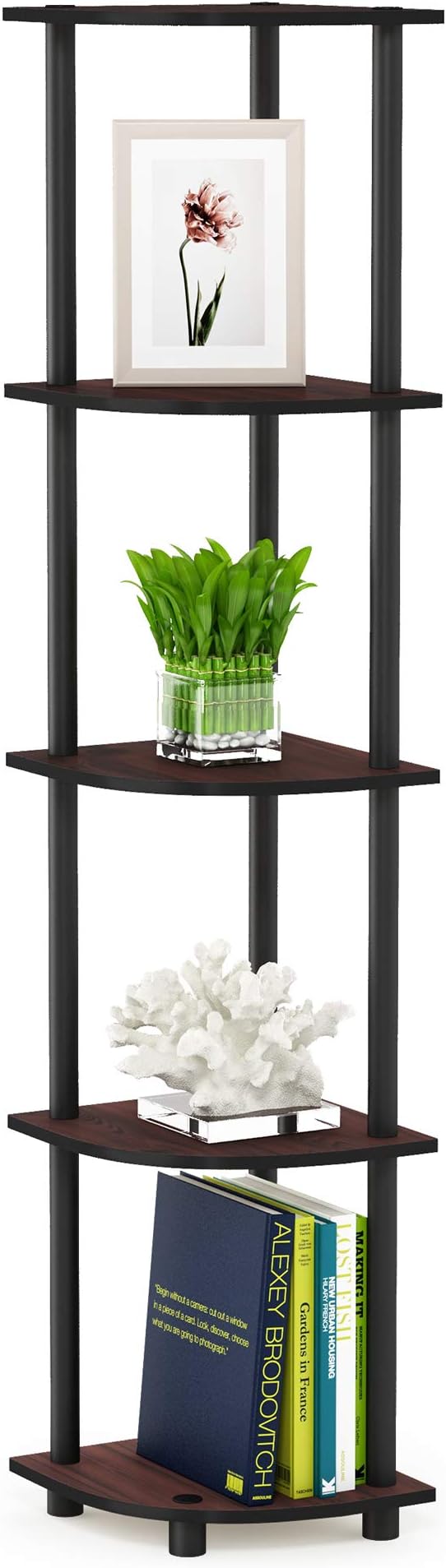 TURN-N-TUBE Corner Shelf, 5-Tier Corner Bookshelf, Open Storage Shelves, for Organization and Storage, Living Room, Home Office, Garage, Bedroom, Dark Cherry