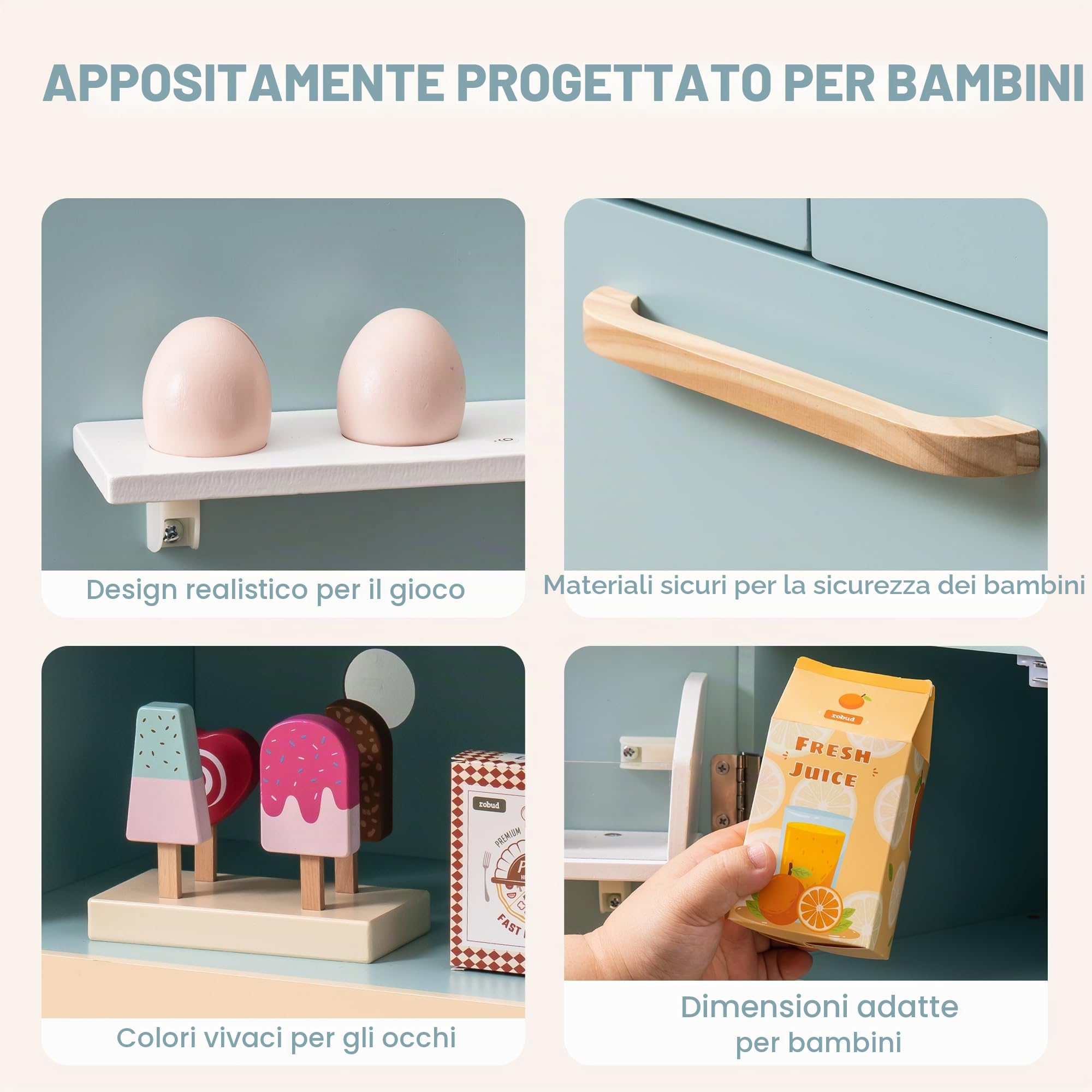 ROBUD Frigorifero in legno - realistico e interattivo con macchina per cubetti di ghiaccio e giocattoli alimentari - Adatto per bambini dai 3 anni in su