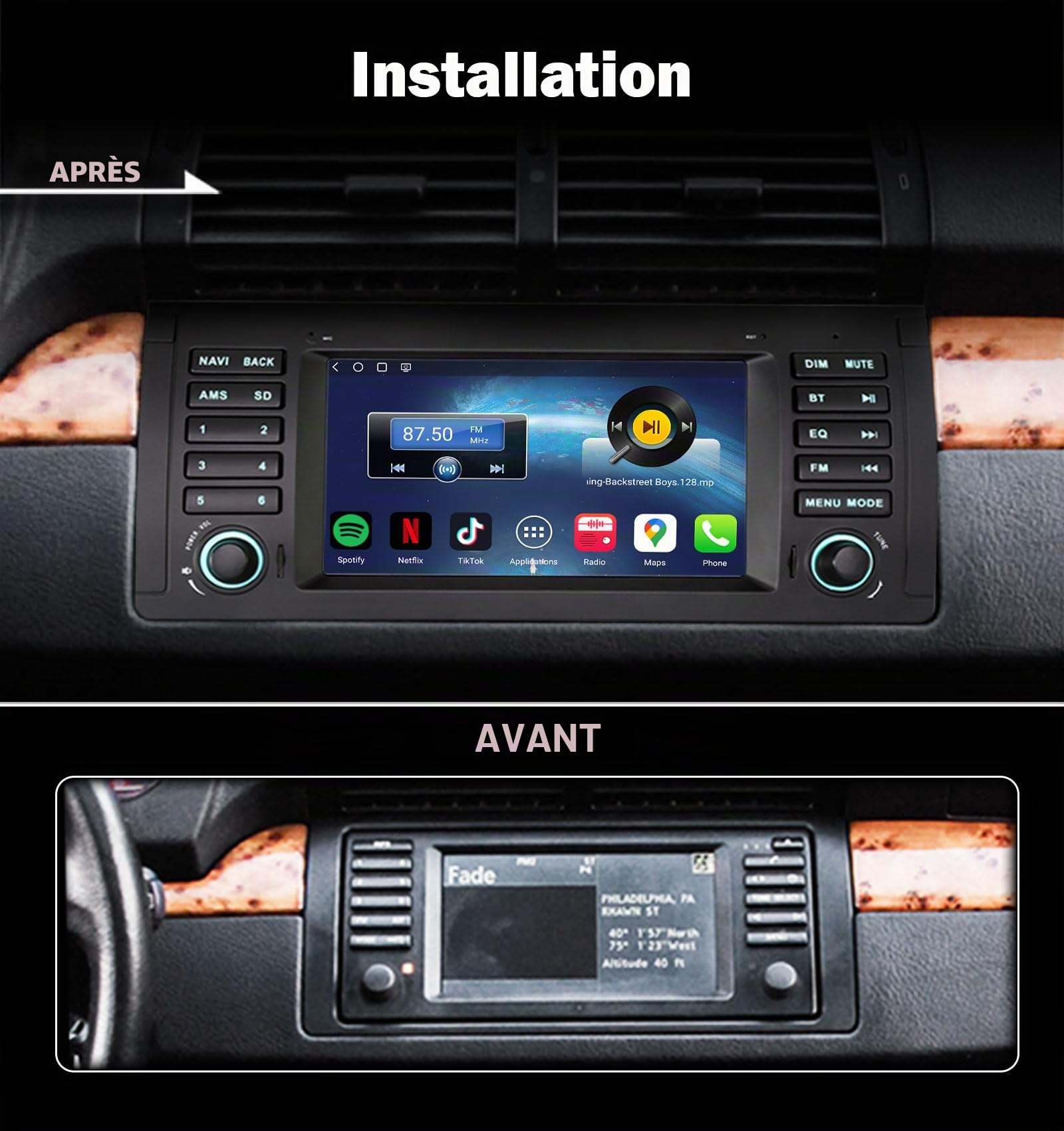 4GO+64GO Android 14 Autoradio sans Fil Carplay Android Auto pour BMW X5 E53 2000-2007 WiFi DSP Canbus SWC Écran Tactile IPS de 7 Pouces Bluetooth 5.1 GPS Navigateur