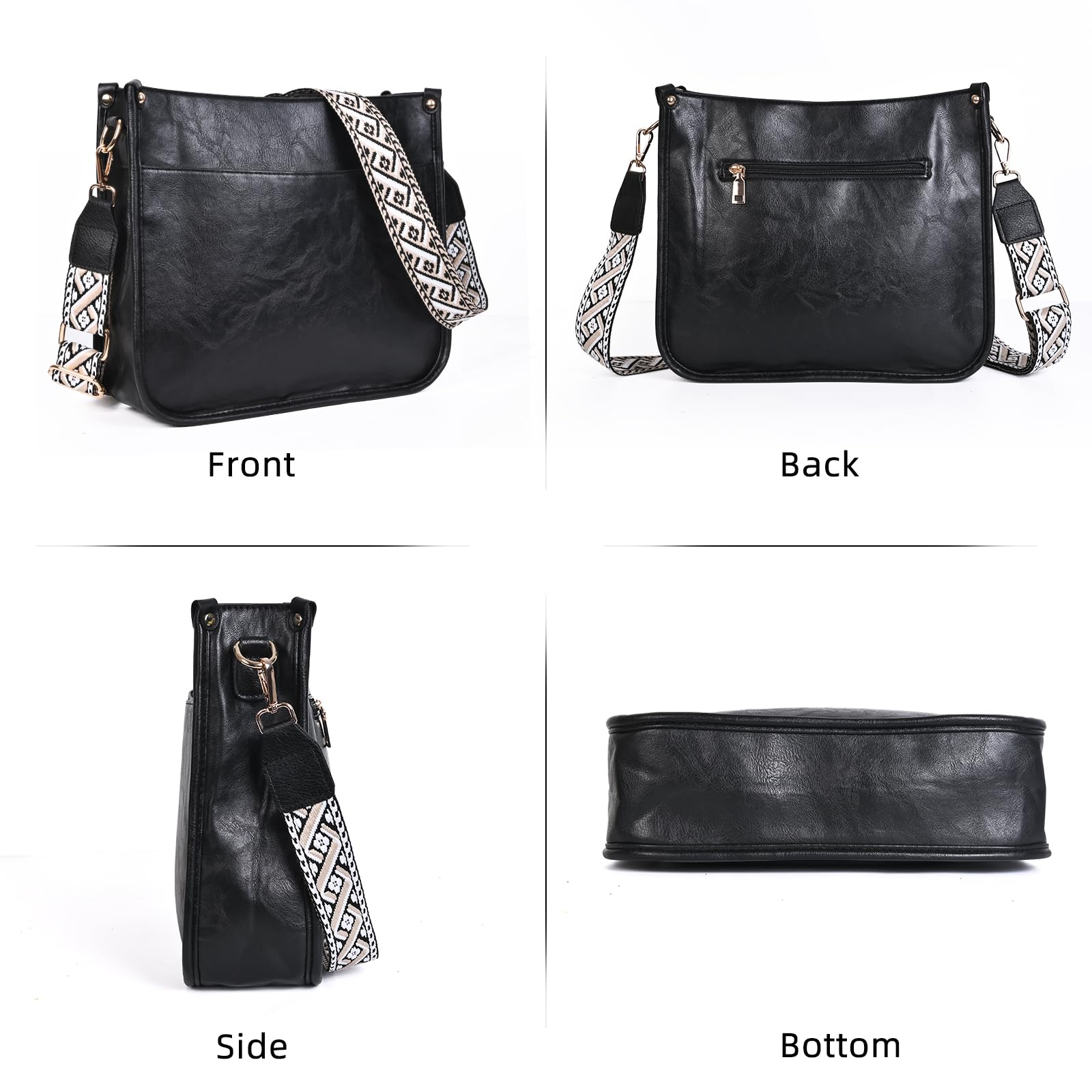 Crossbody Bags for Women Vegan Leather Hobo Purses Shoulder Handbags with Phone Strap and Adjustable Shoulder Strap (black