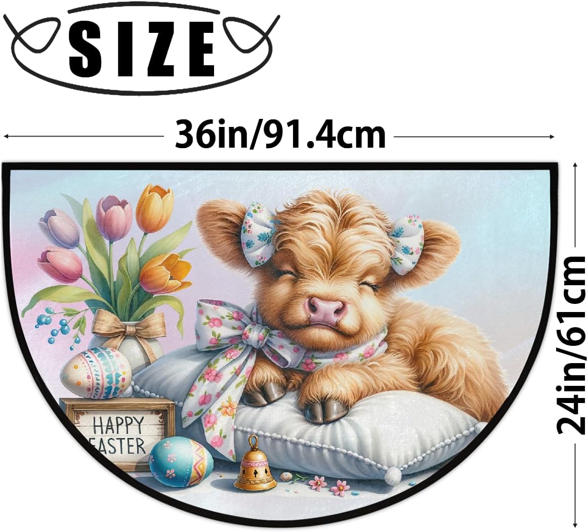 Half Round Doormat Cow Easter Festival Washable Semi Circle Area Rug Non Slip Absorbent Half Moon Rug for Indoor Outdoor Bathroom Kitchen Patio Front Welcome Fireplace Hearth Floor Mat