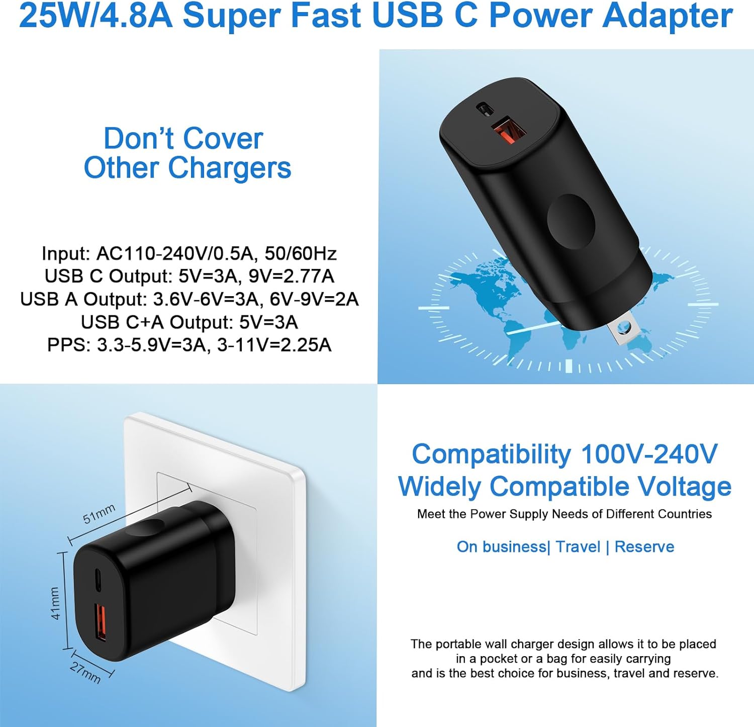 Charger Plug Super Fast Charging 25W 2 Port USB A & USB C Wall Charger Block Android Phone Adapter Compatible with Samsung Galaxy S25 S26 Ultra S25 FE Edge S25 Plus A17 A16 A35 A55 S24 A14 A54 S23 S22
