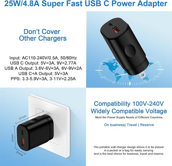 Charger Plug Super Fast Charging 25W 2Port USB A & USB C Wall Charger Block