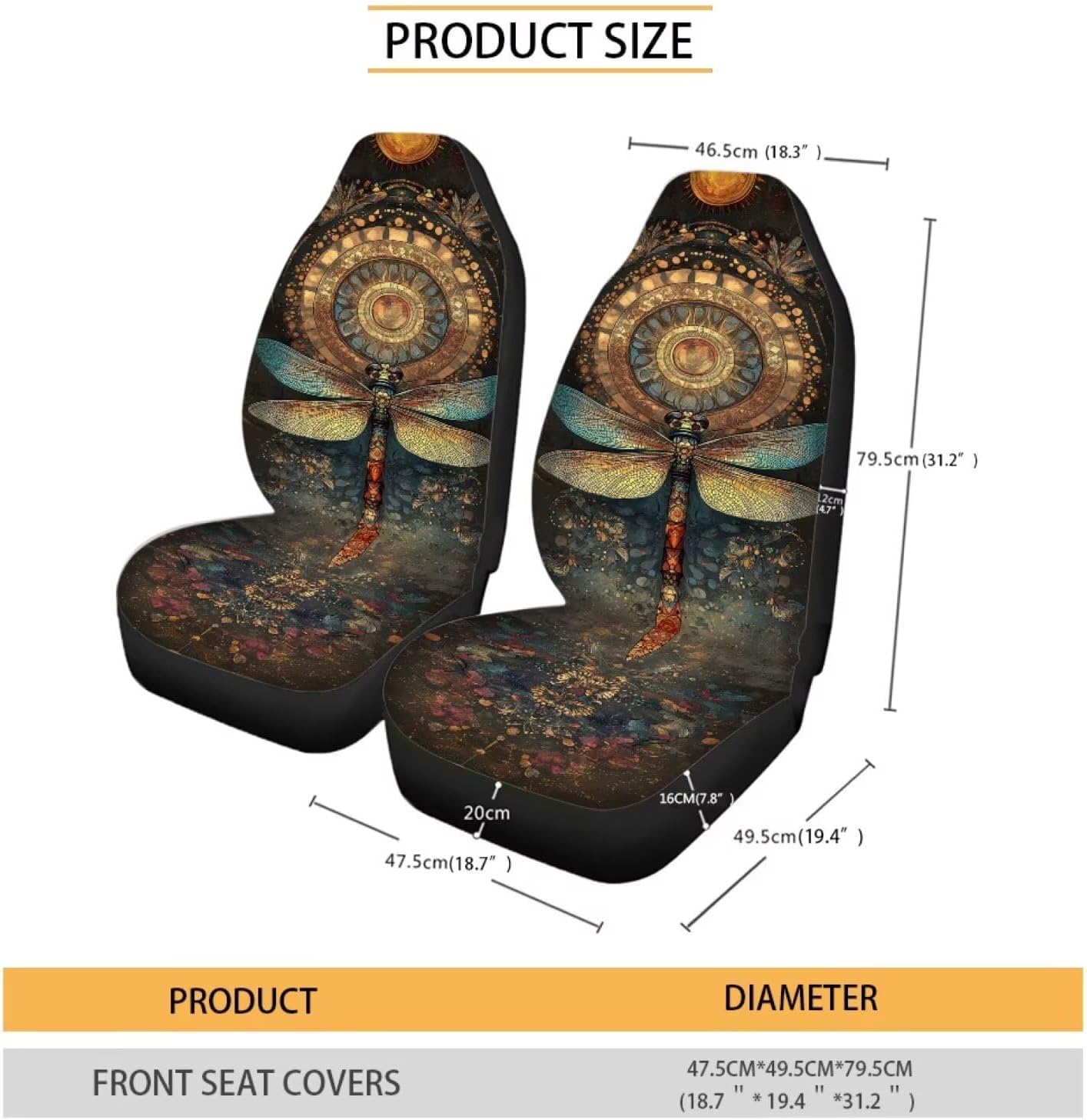Boho Mandala Dragonfly Print Car Seat Cover,Vehicle Accessories Interior for Women Men,Non-Slip Car Seat Cover Protector Front Seat,Universal Fit,2pc