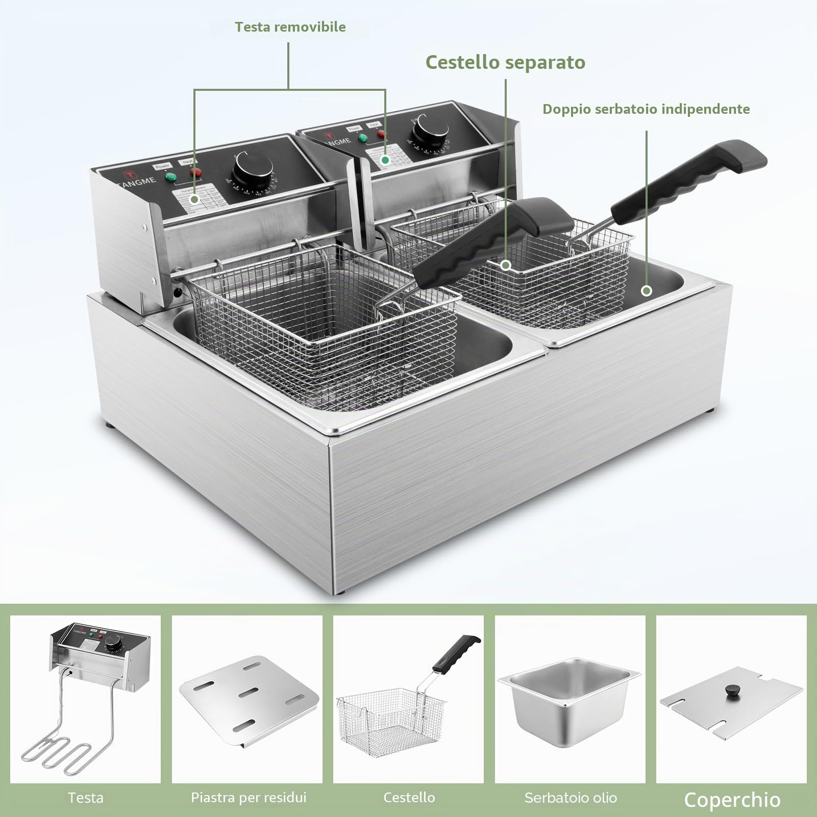 Friggitrice Elettrica Commerciale, 5000W Friggitrice Professionale con 2 Cestelli da 6L, Acciaio Inossidabile da 0,8mm, Capacità Totale 20L, con Limitatore di Temperatura