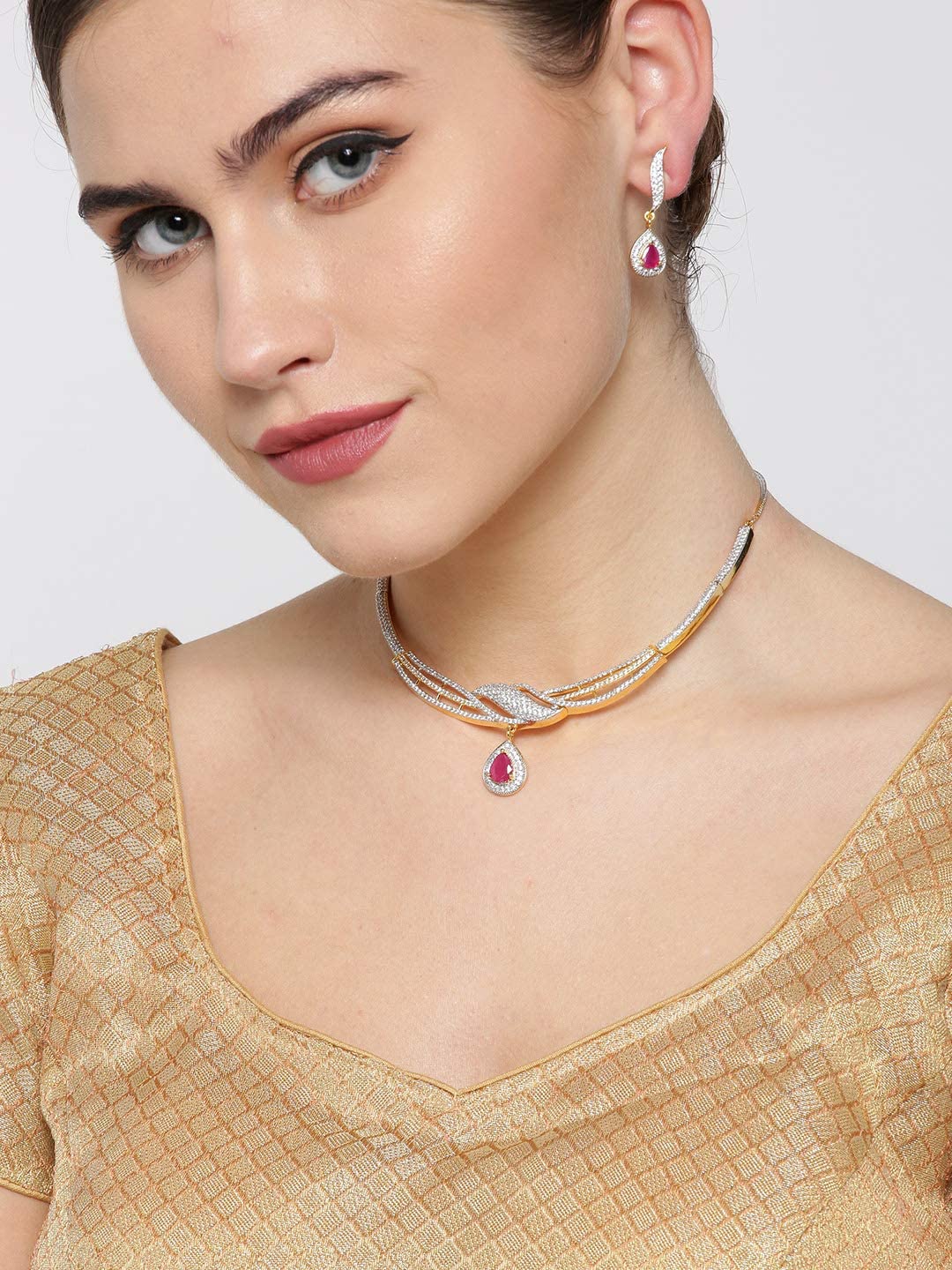 Pink Stone & American Diamond Necklace Set with Drop Earrings