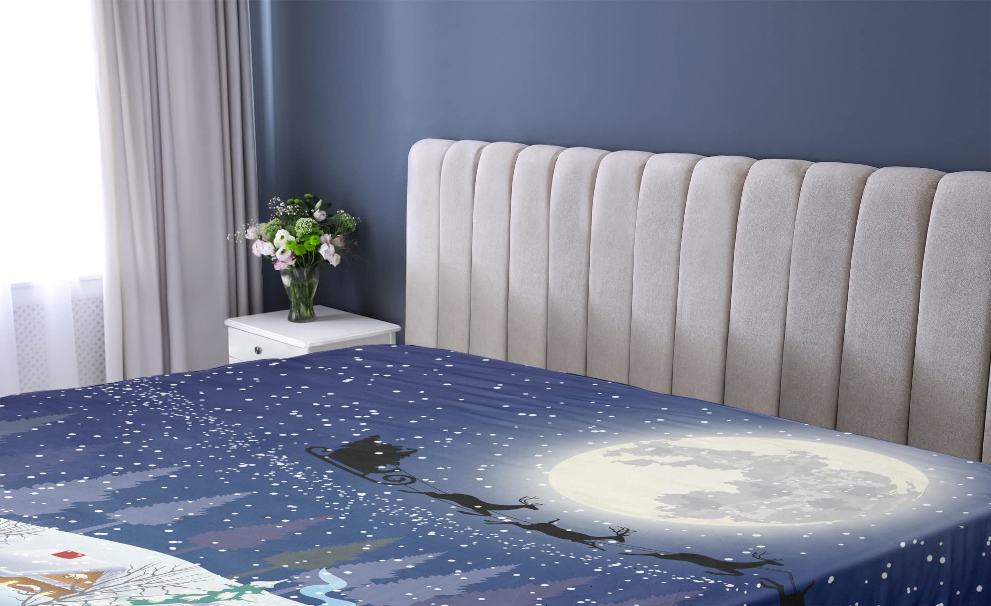 Ambesonne Christmas Fitted Sheet, Winter Season Snowman Xmas Tree Santa Sleigh Moon Present Boxes Snow and Stars, Soft Decorative Fabric Bedding All-Round Elastic Pocket, Twin Size, Cobalt Blue