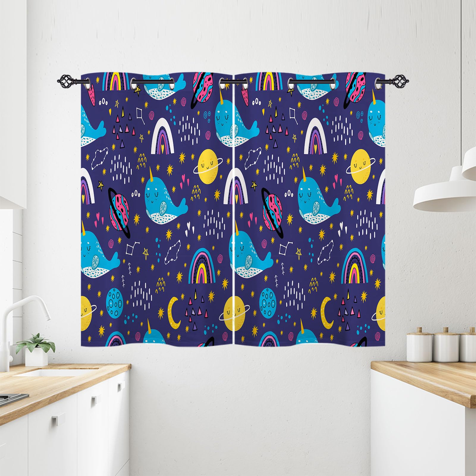 ANHOPE Whale Curtains Eyelet 80% Blackout Room Darkening Curtains with Space Planet Stars Moon Saturn Print Pattern Thermal Insulated Window Drapes for Bedroom Living Room 28 x 54 Inch Drop 2 Panels