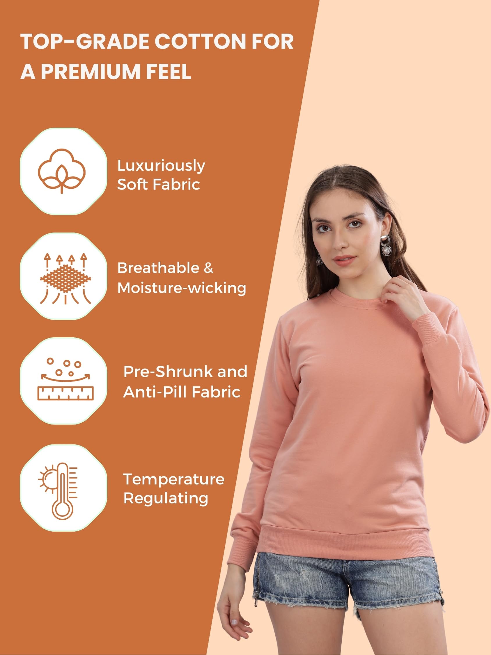 FALTU.CO Sweatshirt for Women Winter Wear Full Sleeve Stylish & Cozy Regular Fit, Solid, Outdoor, Gym, Travel & Everyday Wear | Peach |