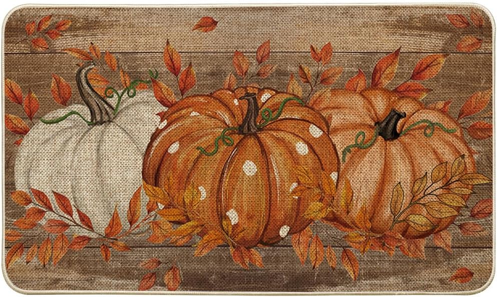Artoid Mode Wood Orange Dot Pumpkin Eucalyptus Fall Doormat 17x29 Inch
