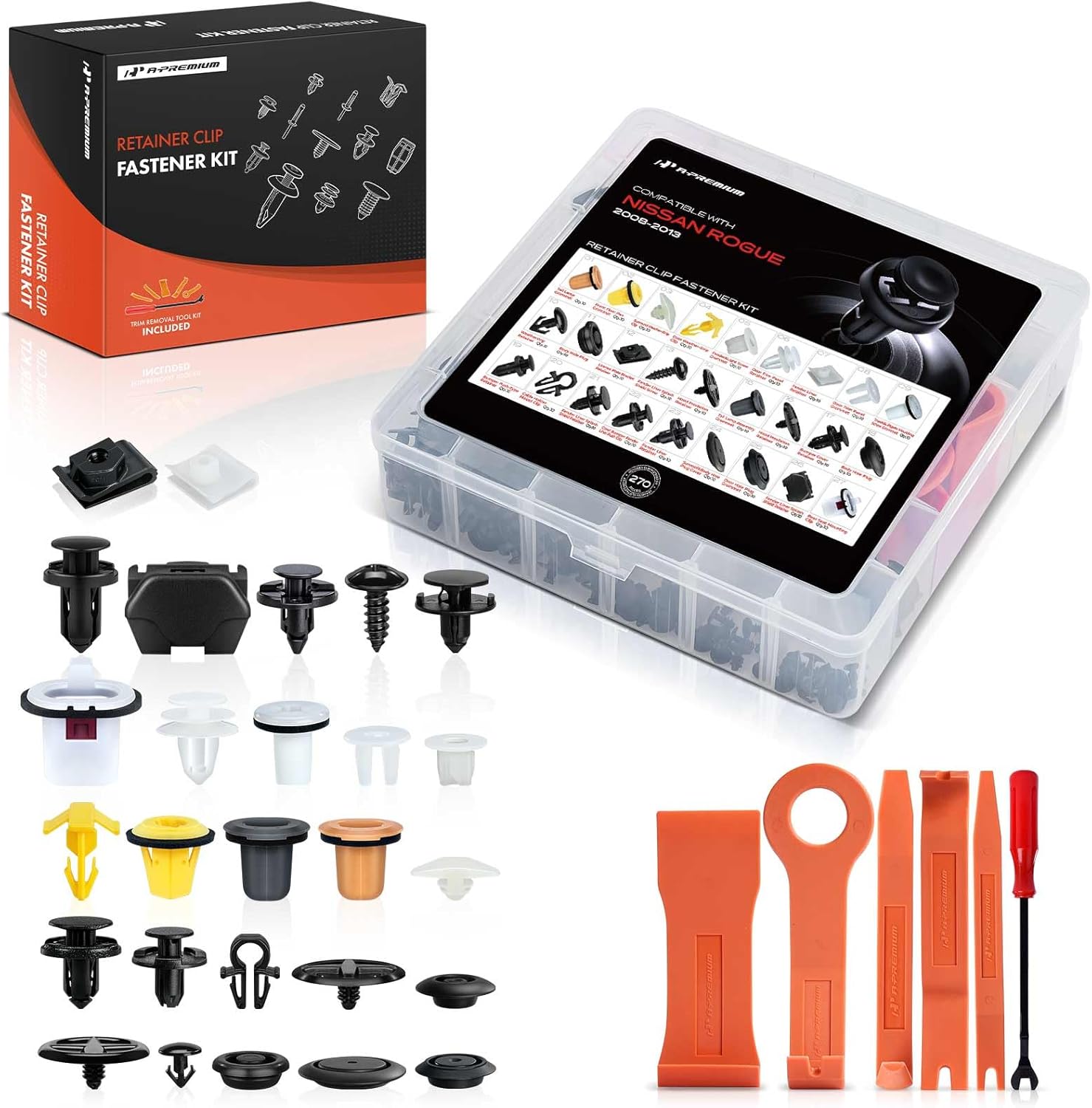 A-Premium 27 Sizes 52.48oz Bumper Fender Weatherstrip Retainer Clips Kit Compatible with Nissan Rogue 08-13 Door Hood Trim Car 270PCS Plastic Rivets Fasteners Push Retainer Kit, w/Removal Tool
