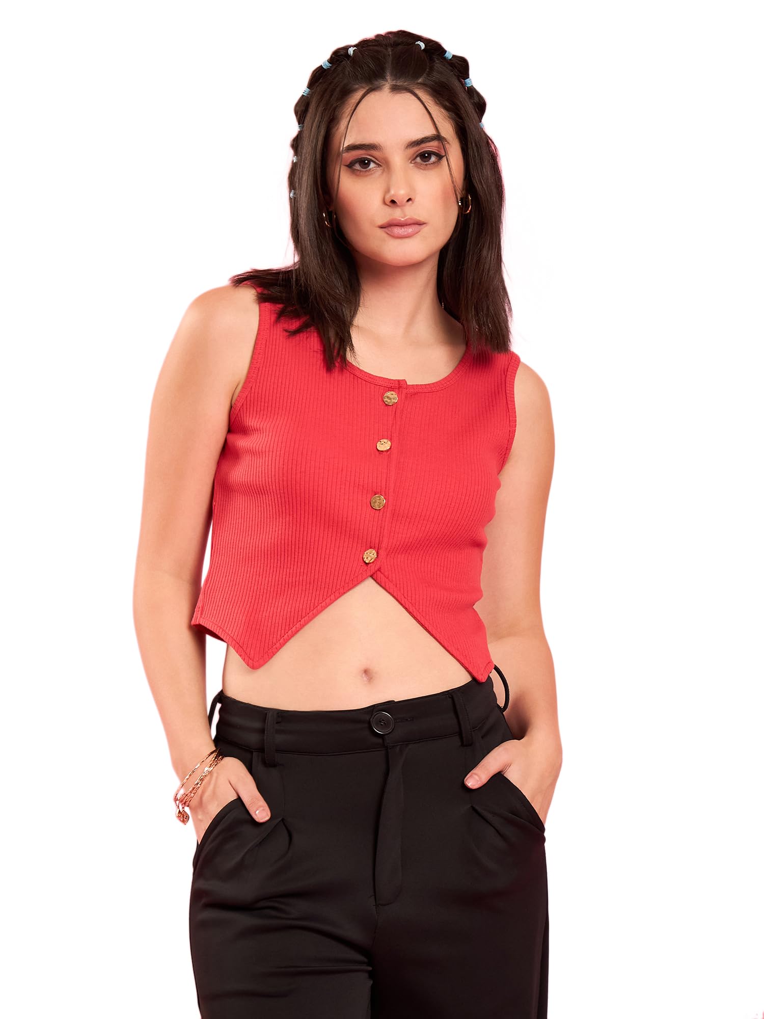 Red Button-Up Waistcoat Top-image-4