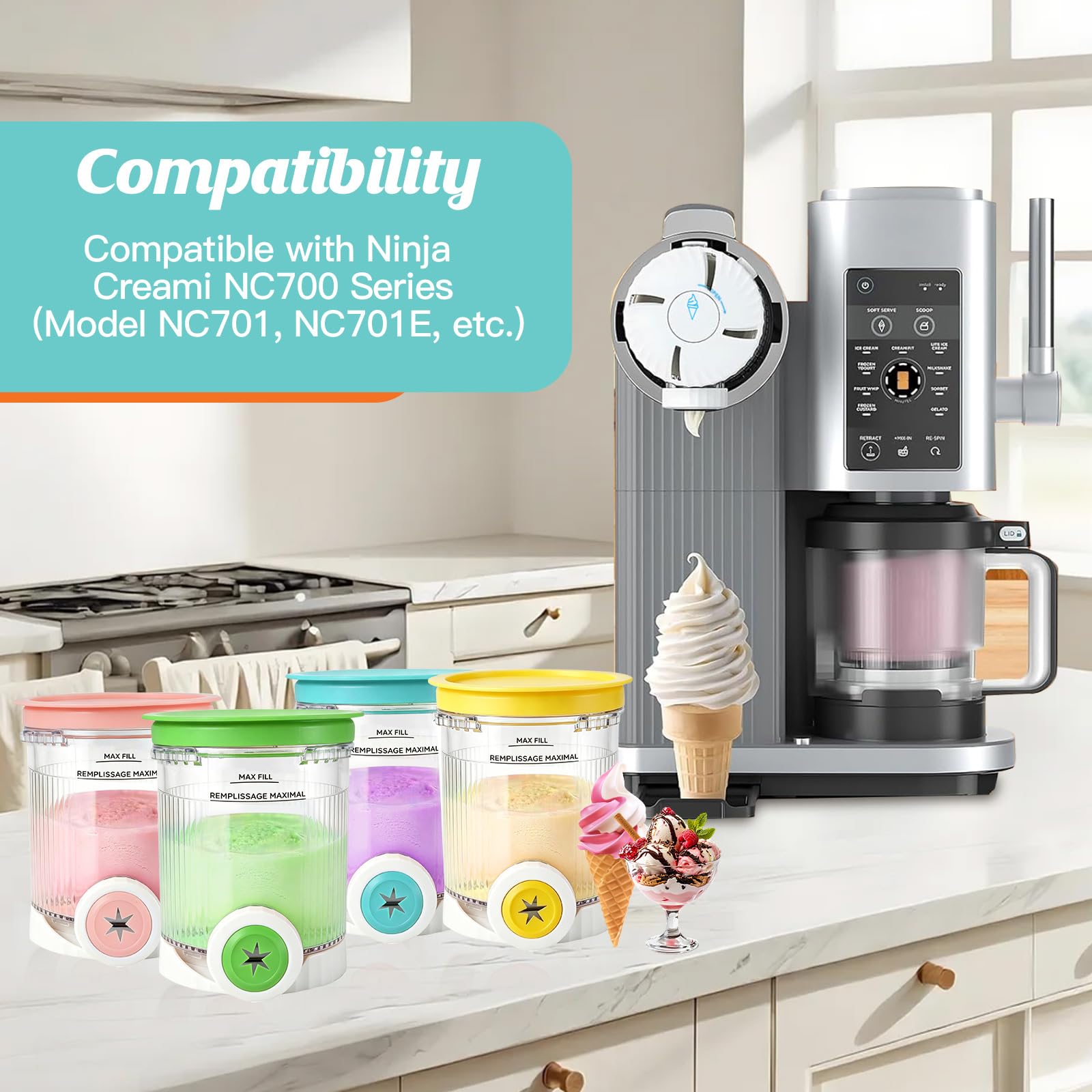 Ninja Creami Behälter für Ninja Creami Swirl, 4 Stück 408ML Behälter mit Farbigen Dichtdeckeln für Ninja Creami Scoop & Swirl Kompatibel mit NC700 NC701EU, BPA-Frei, Spülmaschinenfest