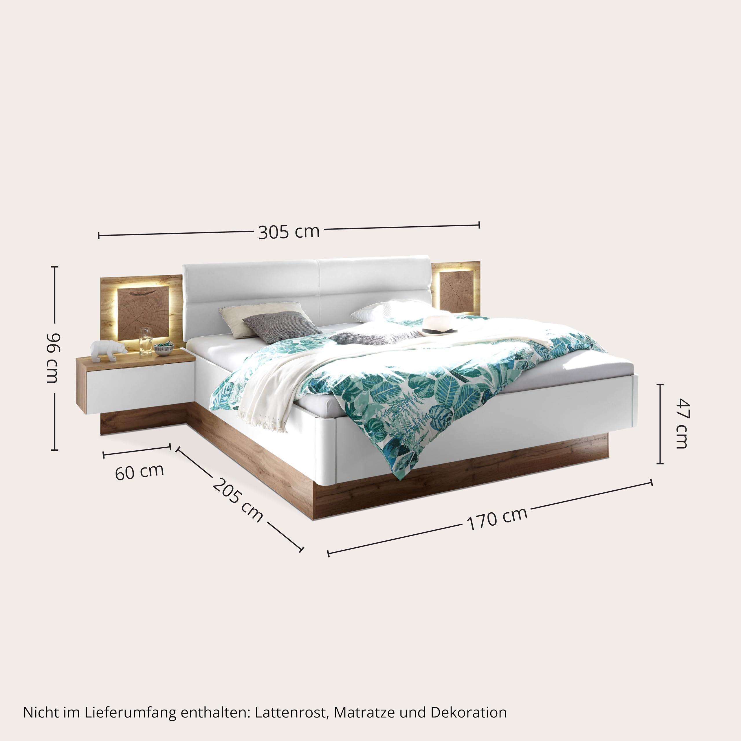 Stella Trading Capri Stilvolle Doppelbett Bettanlage mit LED-Beleuchtung 180 x 200 cm - Schlafzimmer Komplett-Set in Wildeiche-Optik, Weiß - 305 x 96 x 205 cm (B/H/T)