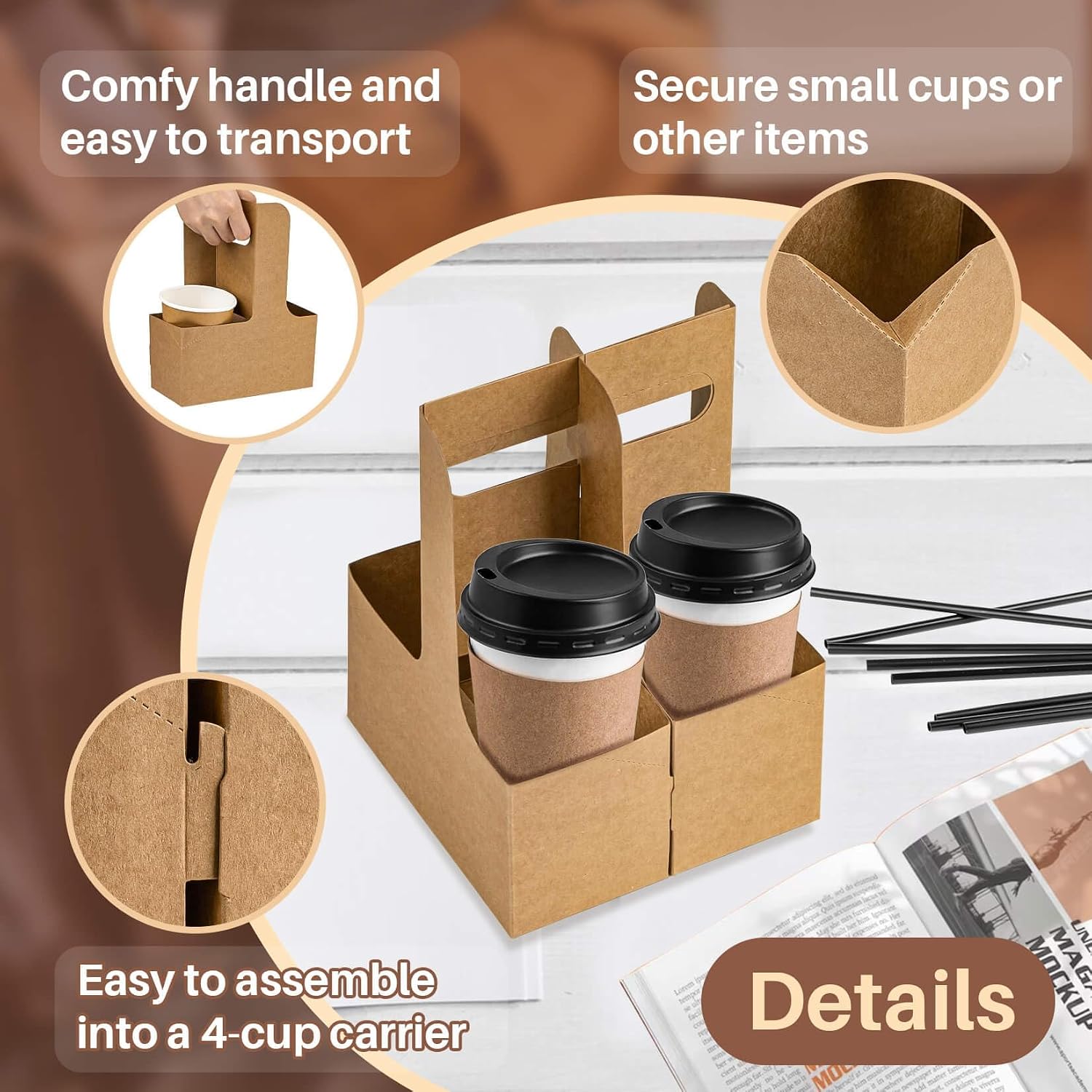MAQIHAN 2 Cup Drink Carrier with Handle - 50Pcs Disposable Cardboard Coffee Cup Holder Portable Foldable Tray Drink Caddy Cup Carriers to go Cup Holder Food Delivery Accessories for Hot/Cold Drinks | 50 Drink Caddy, Coffee Cup Carriers for Hot/Cold Drink, Brown Teacher Appreciation Drink Carrier, Food Delivery Accessories