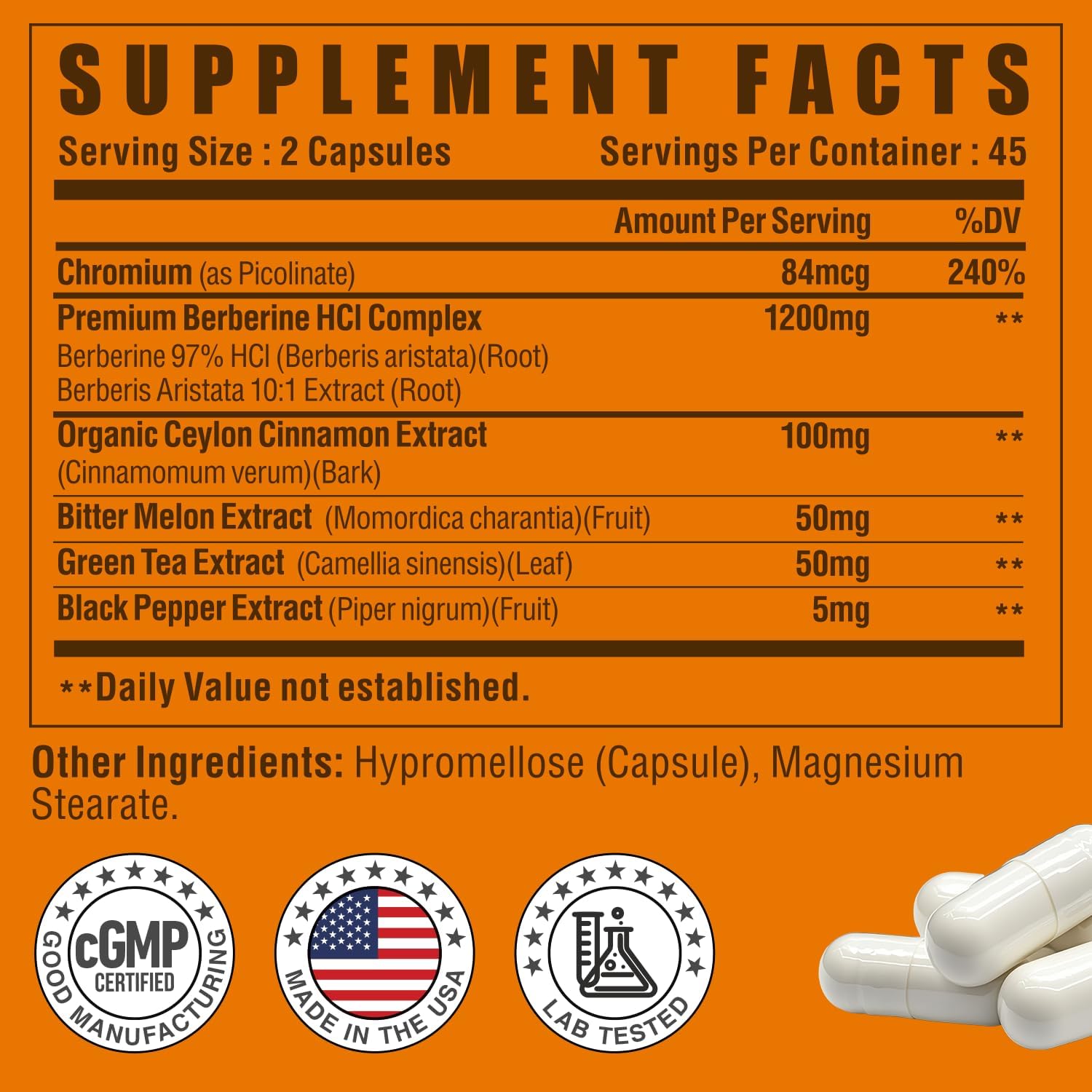 Organic Berberine Supplement-Berberine with Ceylon Cinnamon,Bitter Melon & Green Tea Extract,Supports Cholesterol Health & Immune Function.Third-Party Tested(Made & Tested in USA).1200mg,90 Capsules - Image 2