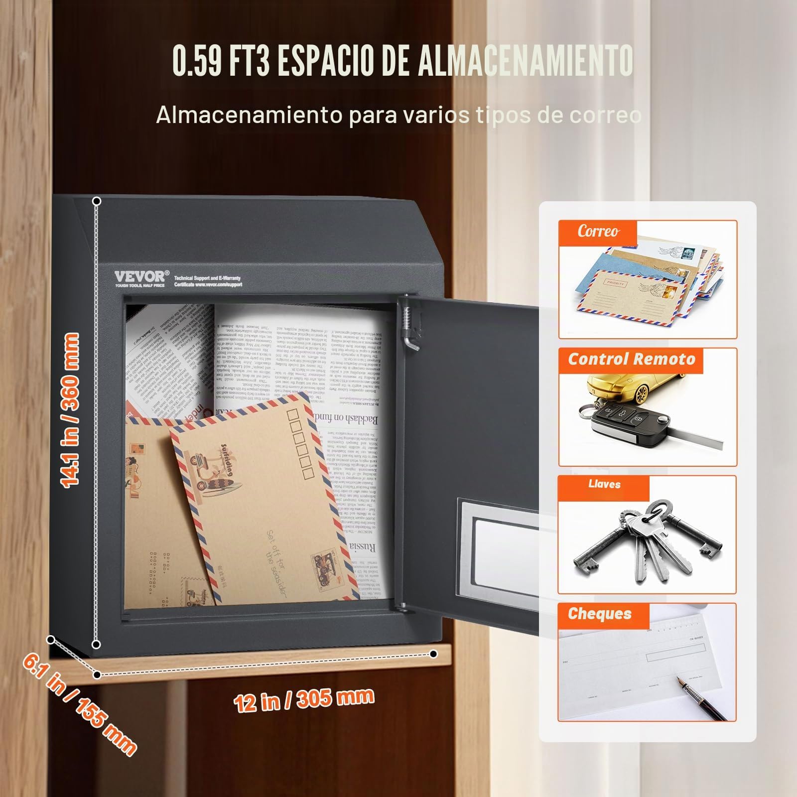 VEVOR Buzón Empotrable de Puerta 305x155x360 mm Acero Resistente Cerradura con Código de Combinación Gris