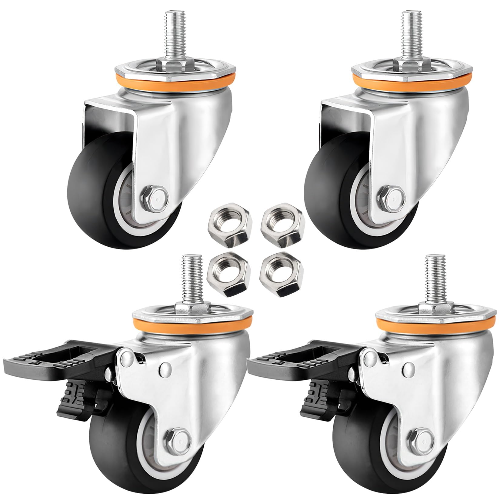 GYRAZXS Heavy Duty Swivel Castors Set of 4 63 125mm with Brake M10 M12 Stem Quiet 360° TPR Rubber Wheels Perfect Replacement for Furniture Trolleys and Carts