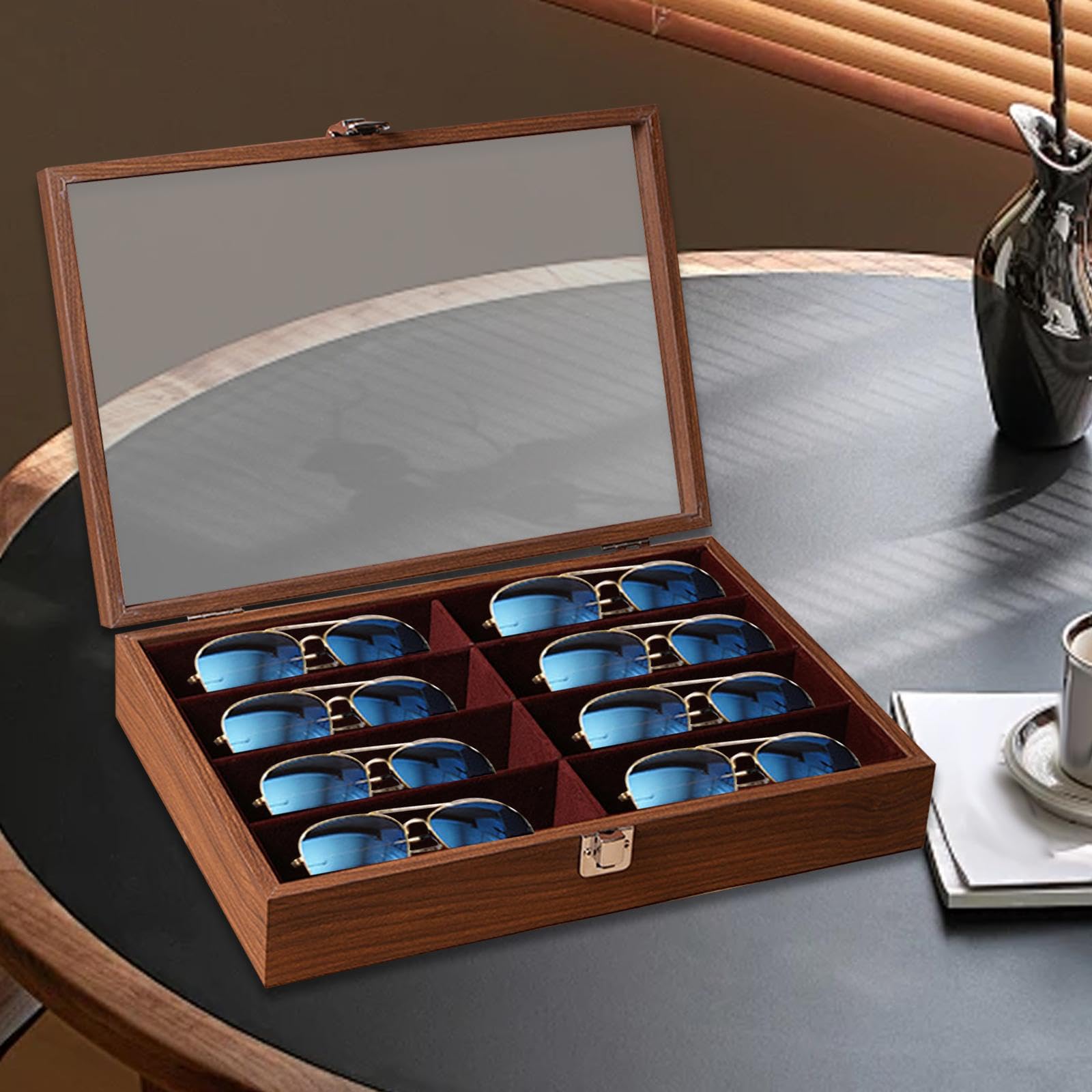 Brille Aufbewahrung Tablett aus Holz mit 8 Fächern Brillenbox Sonnenbrillenhalter Schmuckständer Samt Innenfutter für Zuhause Geschäft Schminktisch