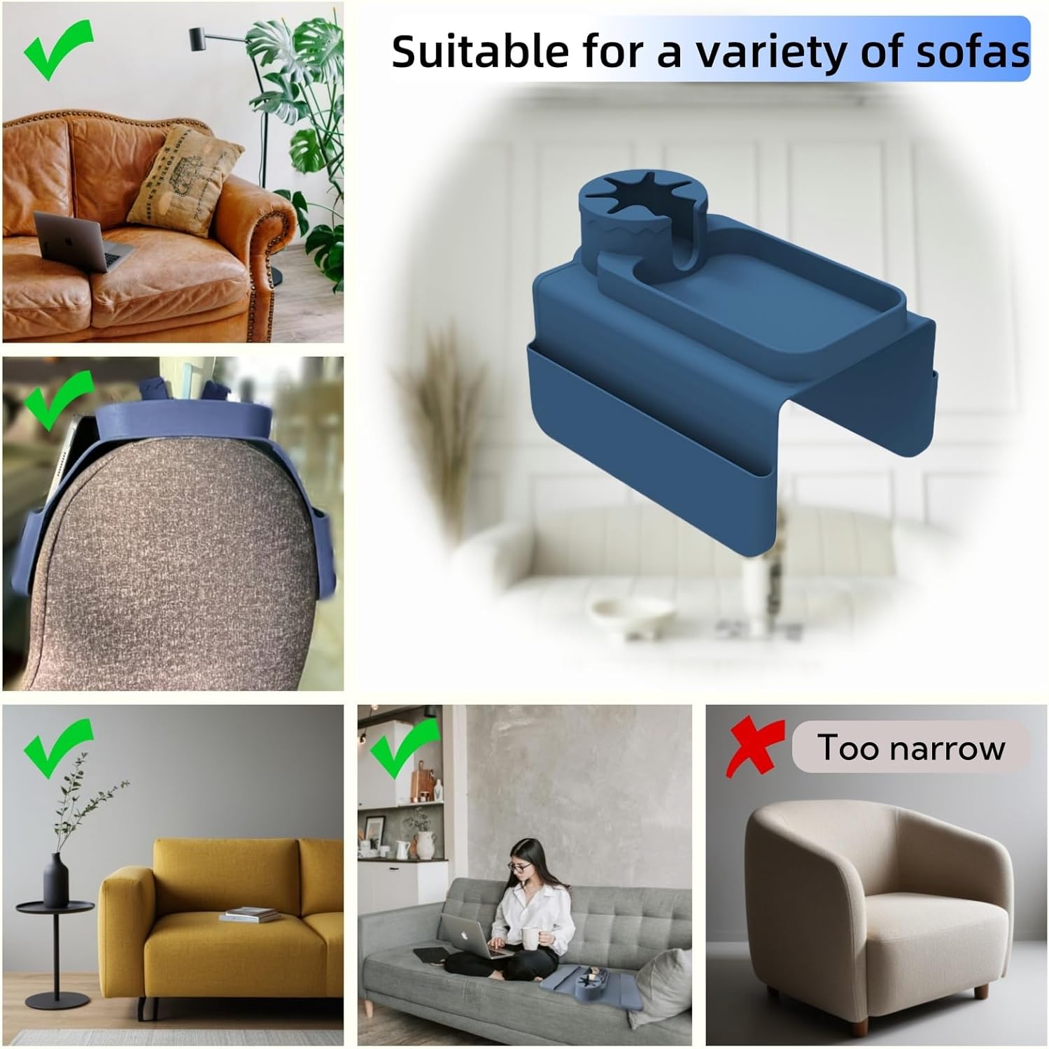 Couch Cup Holder Tray for Sofa Arm, Silicone Couch Armrest Table with Side Pockets for Snack, Drinks, Remote, Spectacles, Cellphone, Anti-Spill and Anti-Slip Couch Organizer Caddy