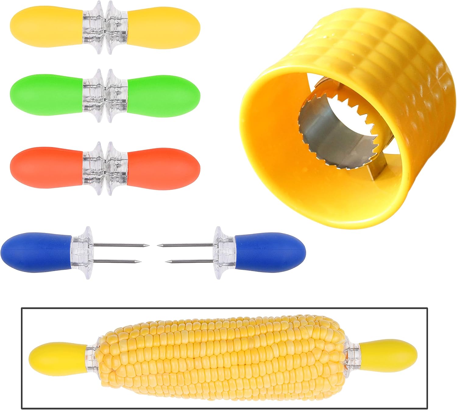 1x Corn Stripping Tool and 8x Corn Holder Pins - Corn on the Cob Grips with Interlocking Design for Safety and Storage - Perfect for Salads, BBQ, etc. (Corn Stripping & Holders)