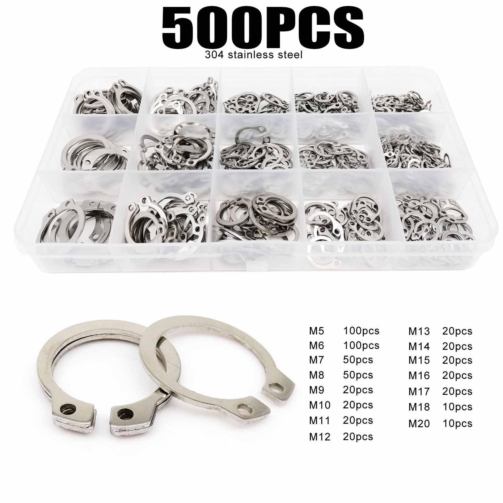 500 Uds M5-M20 Circlip retención Externa/Interna Tipo E Cir Clip Bloqueo Anillo a presión Conjunto Agujeros Eje Collar arandela Acero Inoxidable,Arandelas Planas