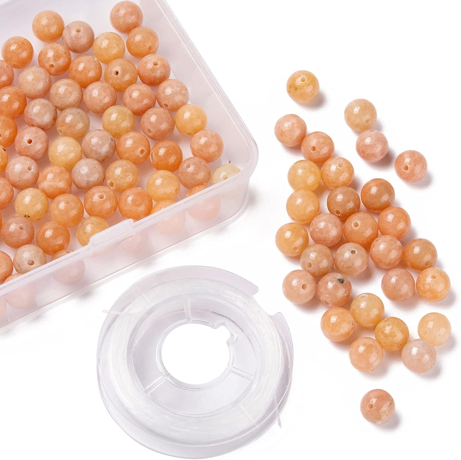 BEEFLYING 100 Pcs 8mm Natural Peach Calcite Stone Beads Round Gemstone Loose Beads with Elastic Crystal Thread for Women Bracelets Necklace Jewelry Making