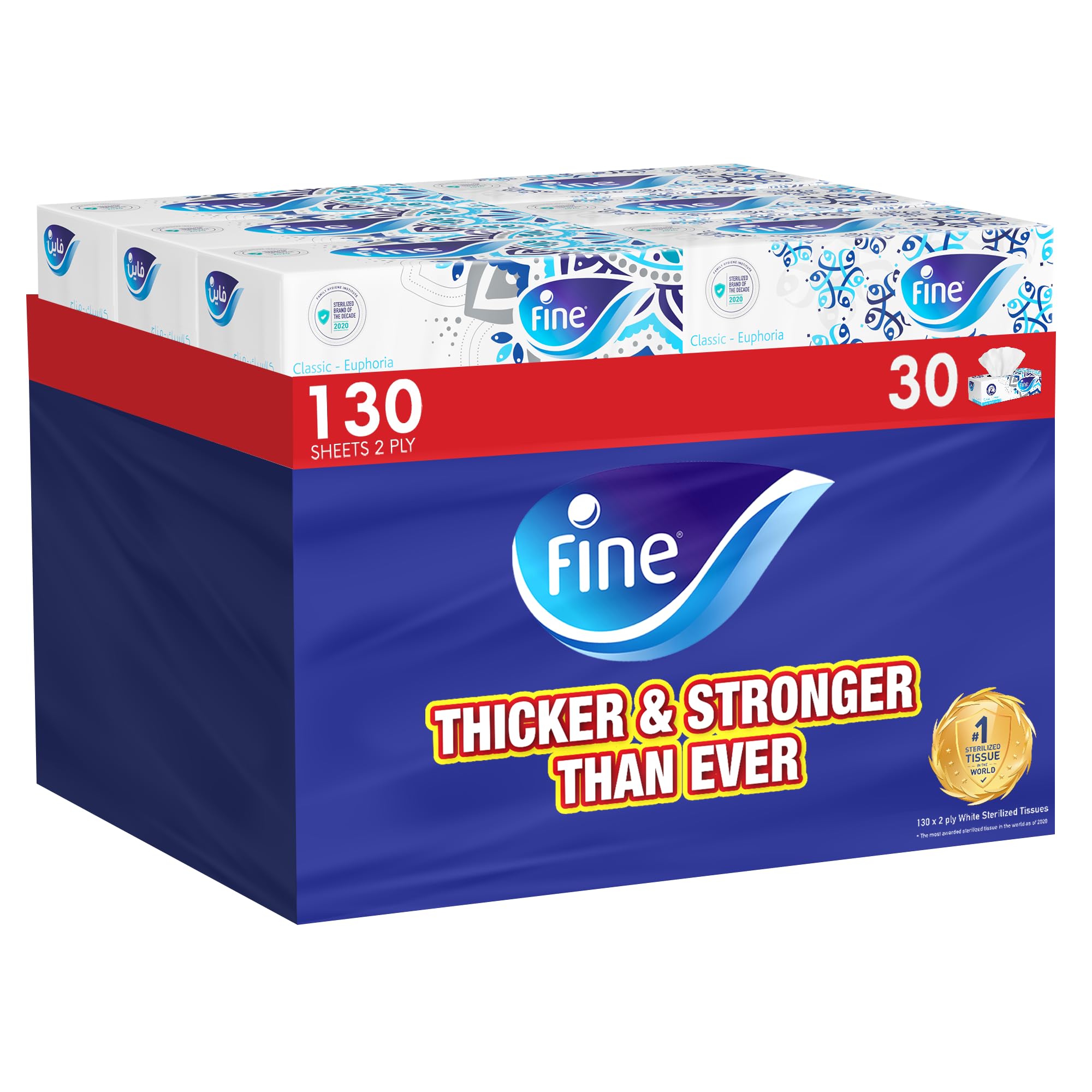 Fine Facial Tissue Boxes, 30 Packs of 130 Sheets x 2 Ply