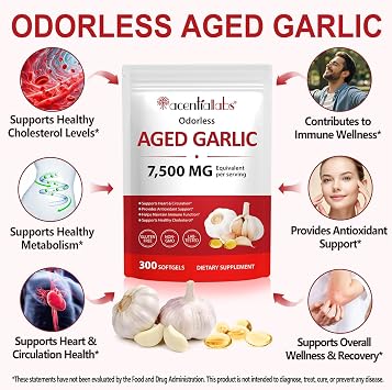 Aged Garlic Extract Capsules 7500mg Odorless,for Heart Health, Immune Support,Garlic Supplement,Non-GMO, Gluten-Free, Vegetarian|300 Softgels