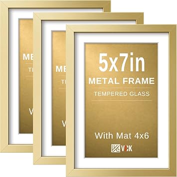 VCK 5x7 Picture Frame Gold Metal, Real Glass, 4x6 Mat, 3 Pack, for Print