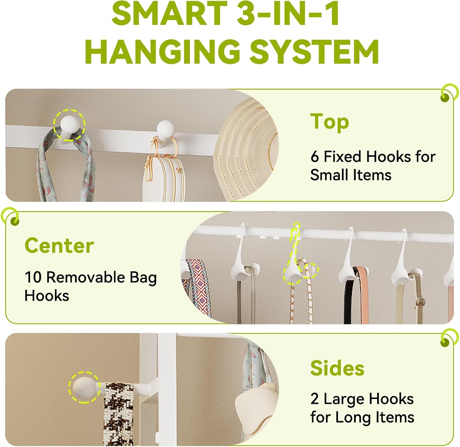 KAFAHOM Purse Rack, Purse Organizer for Closet - Tall Purse Shelf with 8 Hooks & 10 Removable Hangers to Hold Handbags, Backpacks, Pocketbooks., Perfect Purse Display Stand & Storage Tree,White